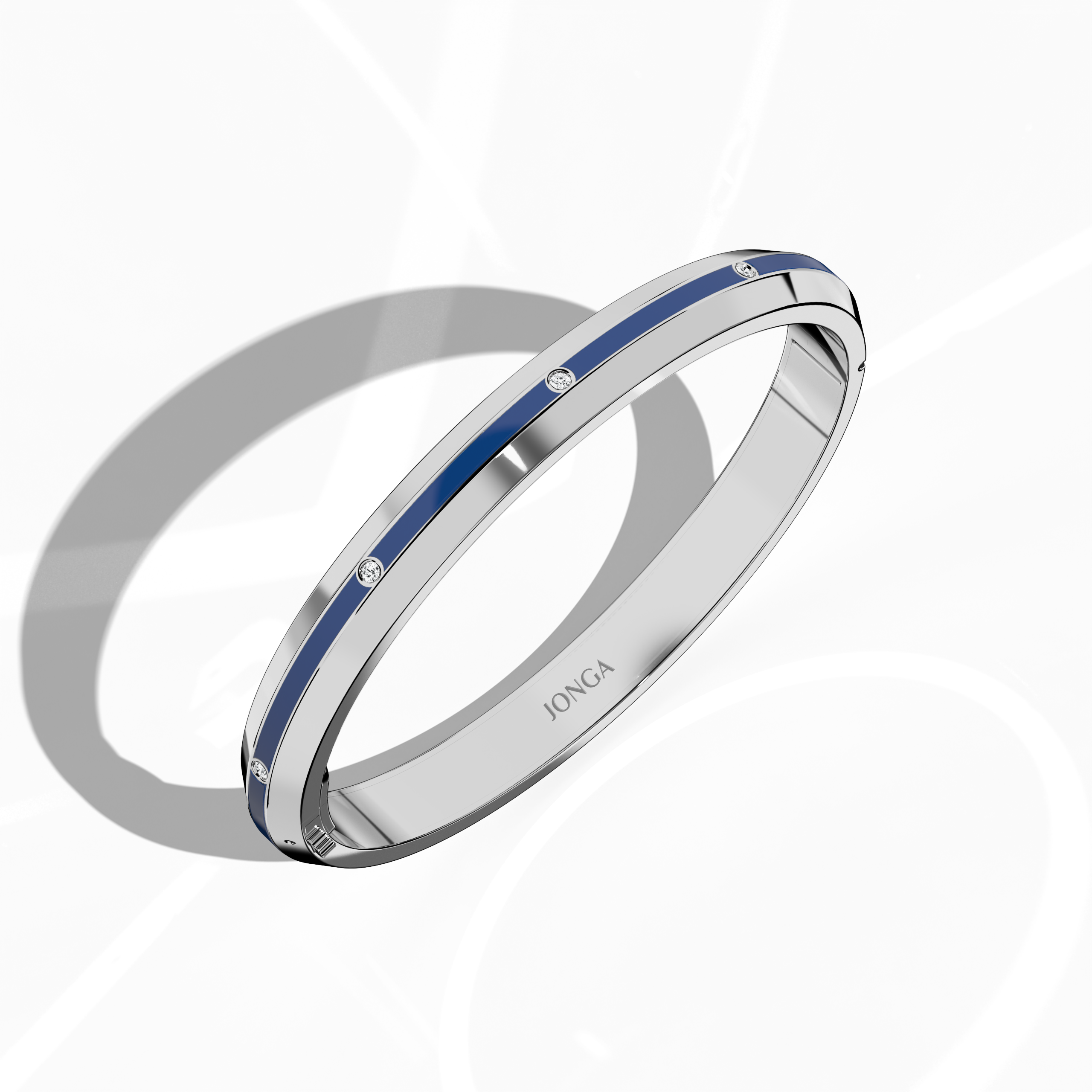 Standing front top side view of a center enamel 9-Diamonds bangle carrying 0.25 carat total diamond weight in refined белое золото—often termed pale gold or silver-toned gold. Commonly labeled a diamond-encrusted bracelet, kada, or armlet, this piece displays a striking blue enamel band through its center, emphasizing the brilliance of nine diamonds. Keywords: diamond bangle, белое золото, blue enamel, 9 diamonds, unisex.