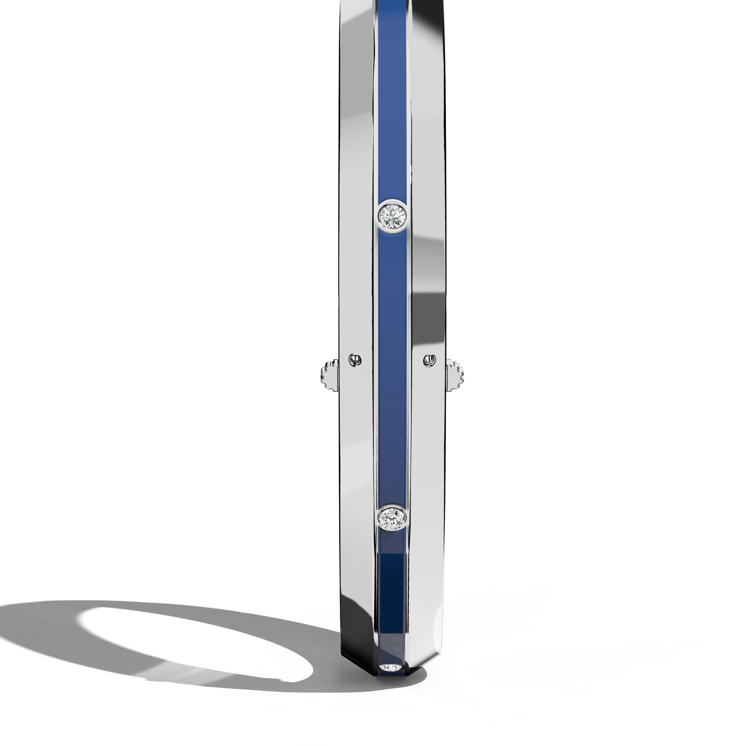 Standing side view of a center enamel 9-Diamonds bangle, revealing 0.25 carat total diamond weight in polished белое золото—frequently called pale gold or silver-toned gold. Known as a diamond-encrusted bracelet, kada, or armlet, it features a bold blue enamel center that contrasts with nine shimmering diamonds. Keywords: diamond bangle, белое золото, blue enamel, 9 diamonds, timeless elegance.