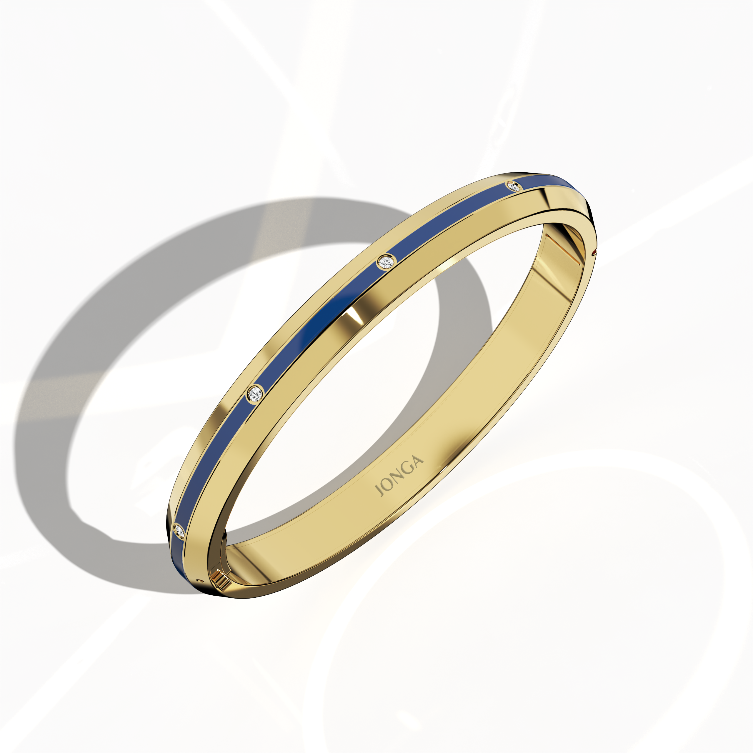 Standing front top side view of a center enamel 9-Diamonds bangle containing 0.25 carat total diamond weight in refined жёлтое золото—commonly known as golden, sunlit gold, or traditional gold. Also termed a diamond-encrusted bracelet, kada, or armlet, it boasts a vivid blue enamel center—navy or sapphire toned—accentuating nine radiant diamonds. Keywords: diamond bangle, жёлтое золото, blue enamel, 9 diamonds, unisex.