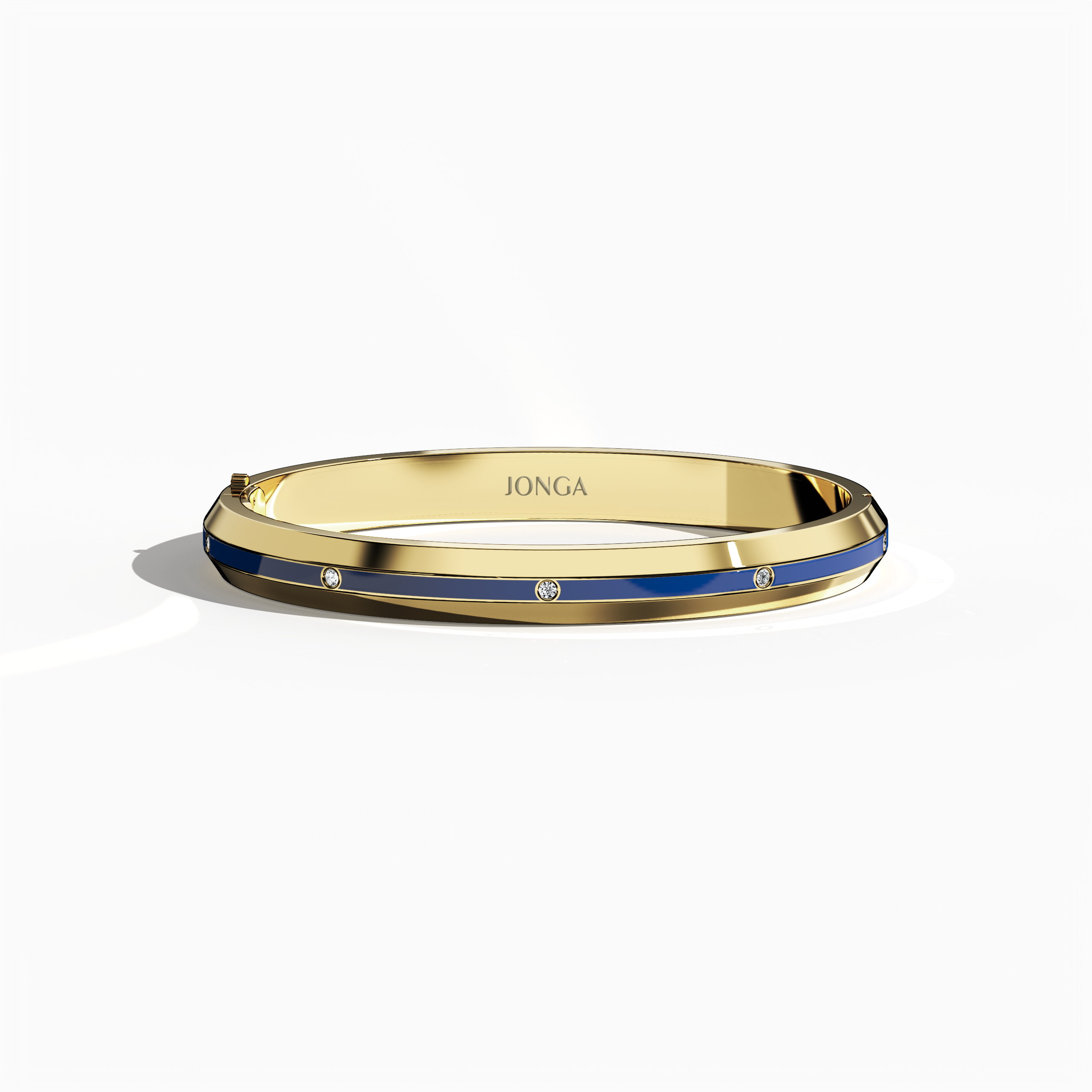 Front top view of a center enamel 9-Diamonds bangle with 0.25 carat total diamond weight in radiant жёлтое золото—sometimes described as golden, sunlit gold, or traditional gold. Recognized as a diamond-encrusted bracelet, kada, or armlet in various regions, it features a striking blue enamel panel—navy or sapphire toned—surrounding nine sparkling diamonds. Keywords: diamond bangle, жёлтое золото, blue enamel, 9 diamonds, style.