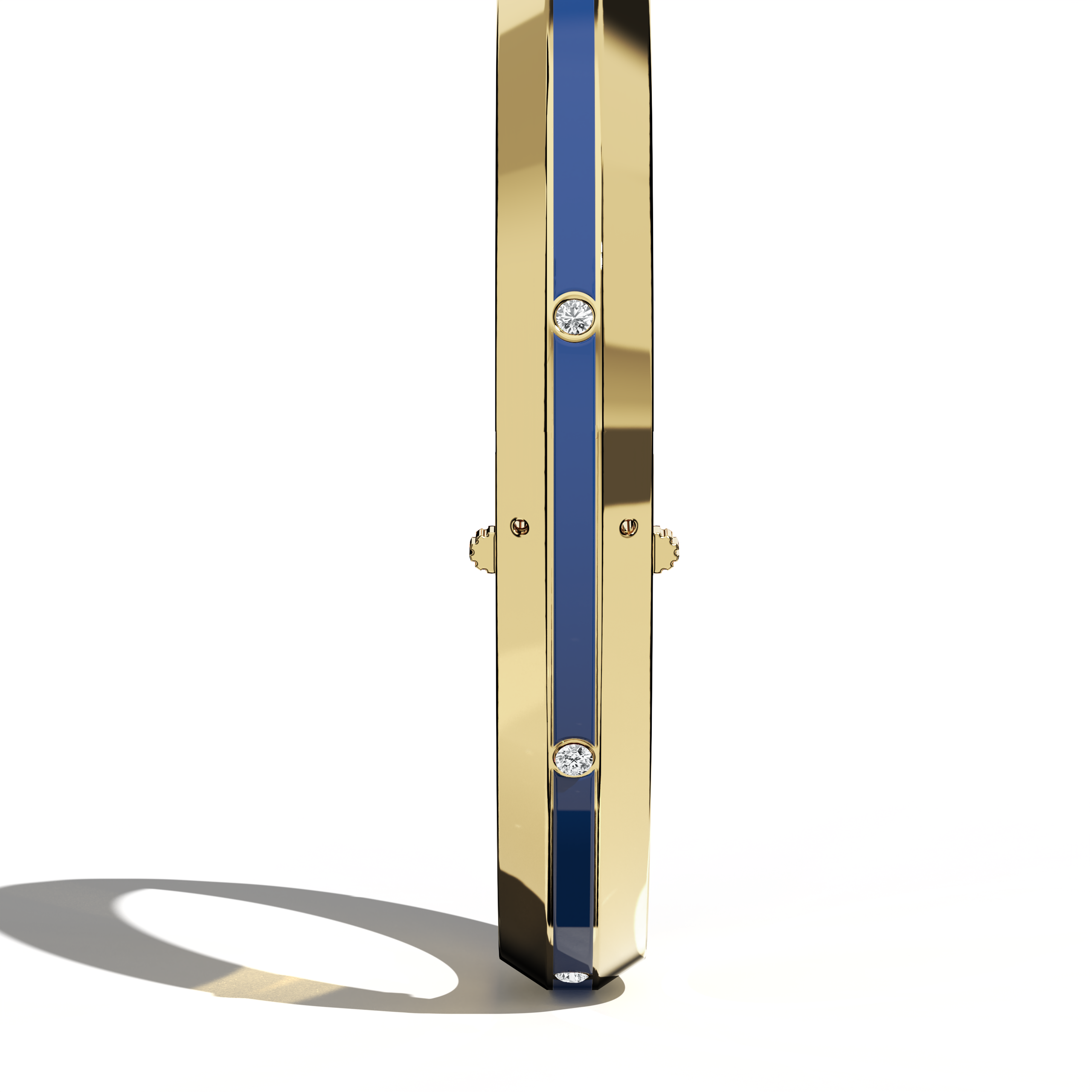 Standing side view of a center enamel 9-Diamonds bangle presenting 0.25 carat total diamond weight in luminous жёлтое золото—often labeled golden, sunlit gold, or traditional gold. This piece, identified as a diamond-encrusted bracelet, kada, or armlet, showcases a bold blue enamel center—navy or sapphire toned—framing nine dazzling diamonds. Keywords: diamond bangle, жёлтое золото, blue enamel, 9 diamonds, elegance.