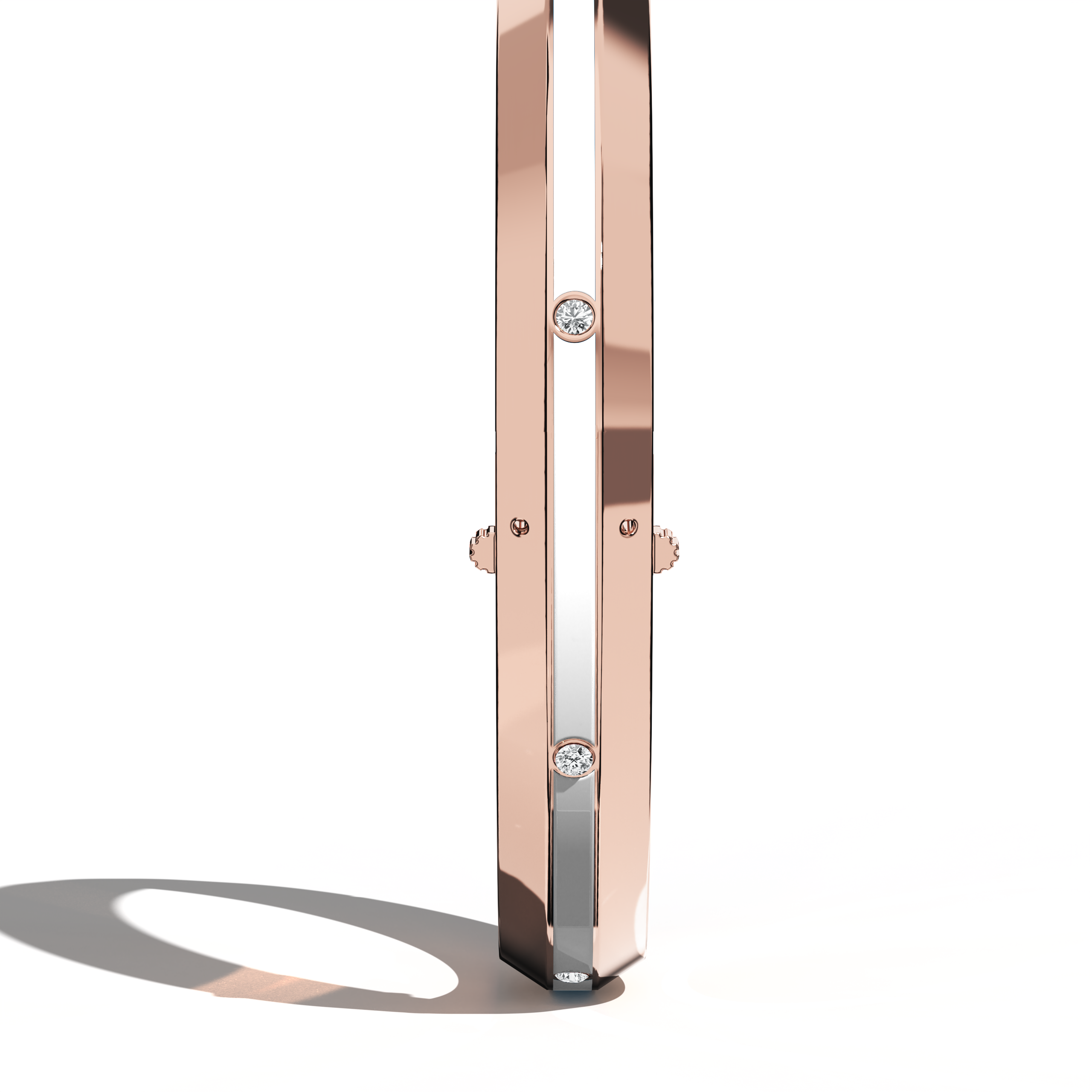 Standing side view of a center enamel 9-Diamonds bangle with 0.25 carat total diamond weight in warm розовое золото—often identified as pink gold, red gold, or blush gold. Referred to as a diamond-encrusted bracelet, kada, or armlet, it highlights a glossy white enamel center—pearl or ivory toned—enhancing nine radiant diamonds. Keywords: diamond bangle, розовое золото, white enamel, 9 diamonds, elegance.