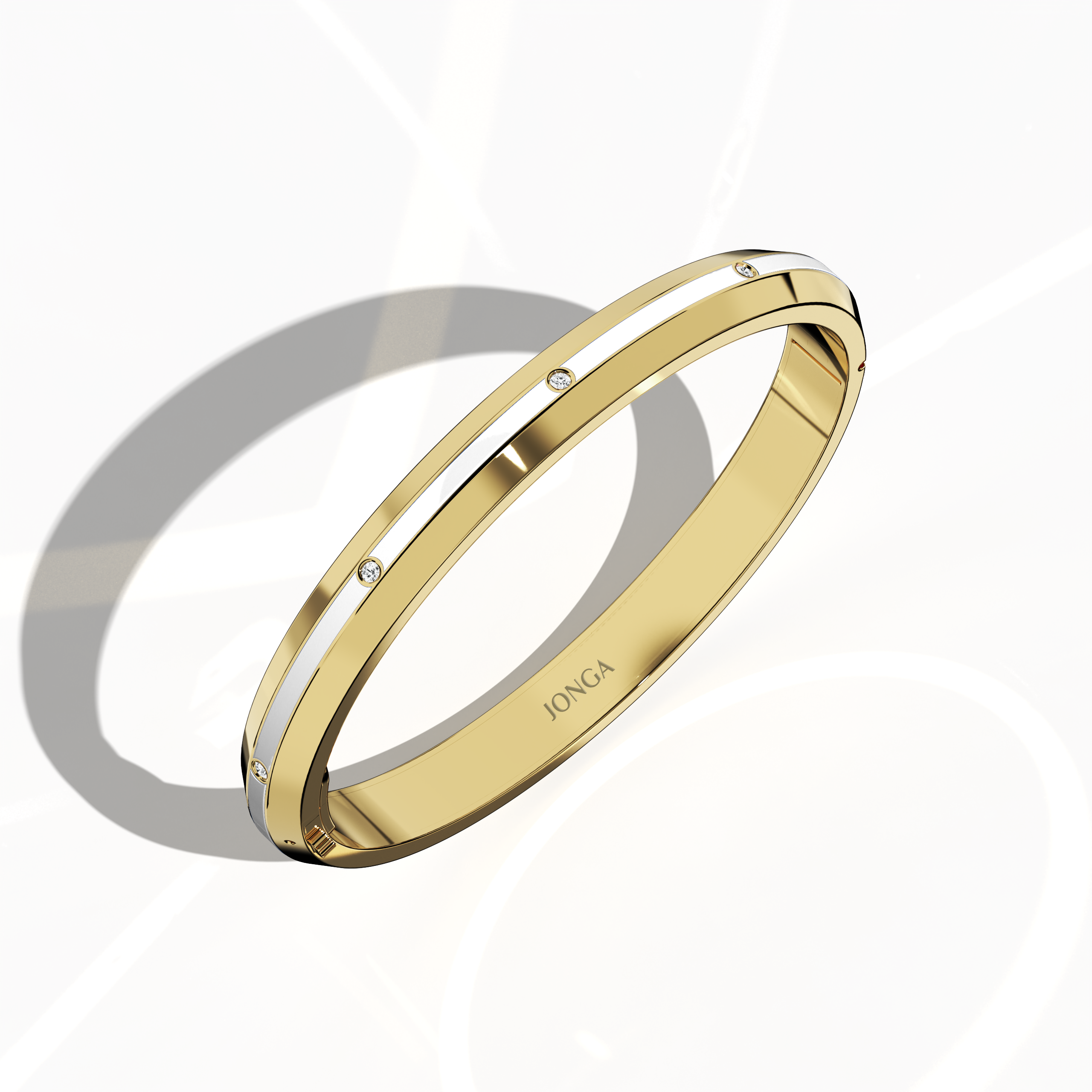 Standing front top side view of a center enamel 9-Diamonds bangle featuring 0.25 carat total diamond weight in refined жёлтое золото—commonly referred to as classic gold, golden, or sunlit gold. Also called a diamond-encrusted bracelet, kada, or armlet, it showcases a glossy white enamel center—pearl or ivory toned—framing nine brilliant diamonds. Keywords: diamond bangle, жёлтое золото, white enamel, 9 diamonds, unisex.