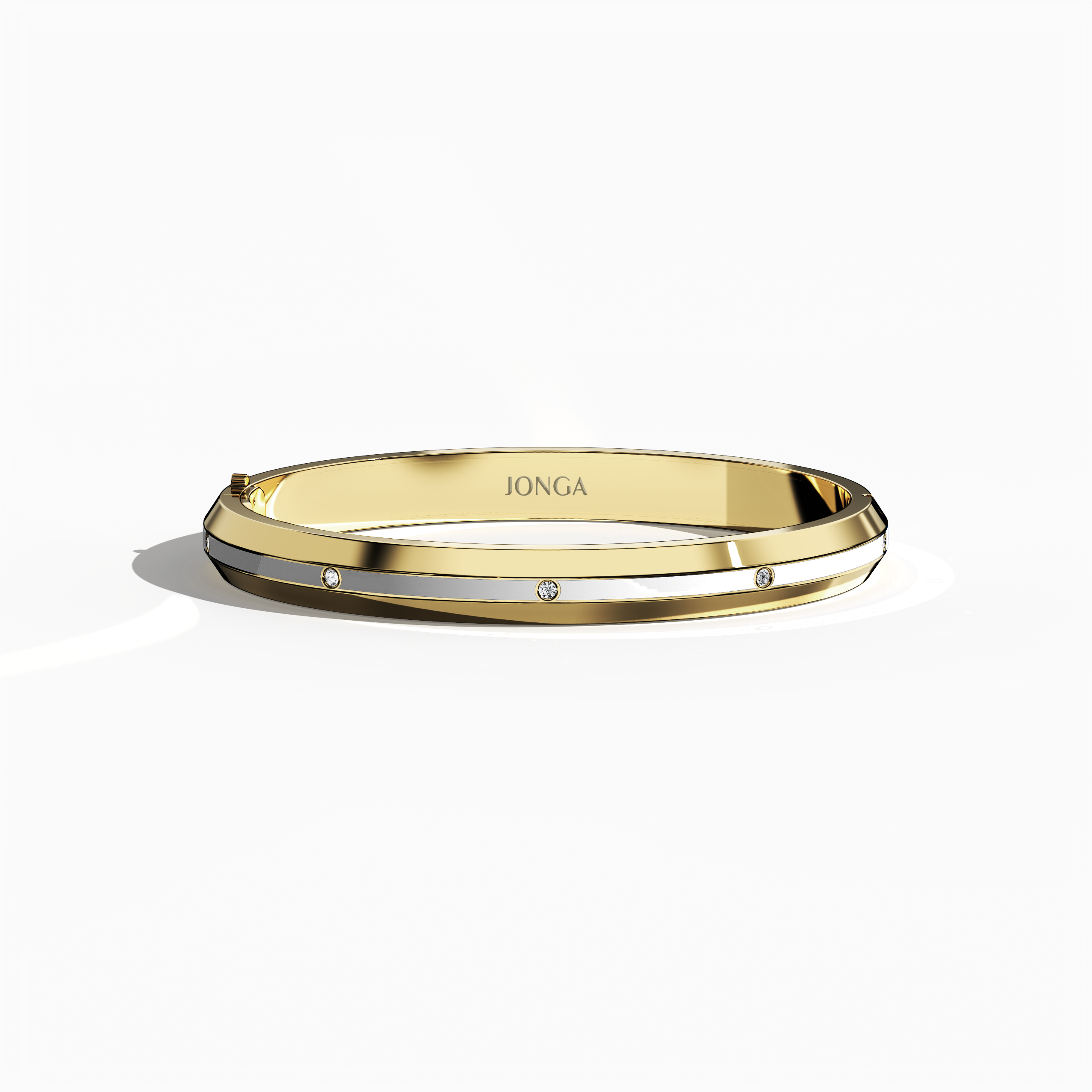 Front top view of a center enamel 9-Diamonds bangle showcasing 0.25 carat total diamond weight in luminous жёлтое золото—sometimes described as classic gold, golden, or sunlit gold. Known in various locales as a diamond-encrusted bracelet, kada, or armlet, it features a lustrous white enamel panel through the center, highlighting nine sparkling diamonds. Keywords: diamond bangle, жёлтое золото, white enamel, 9 diamonds, style.