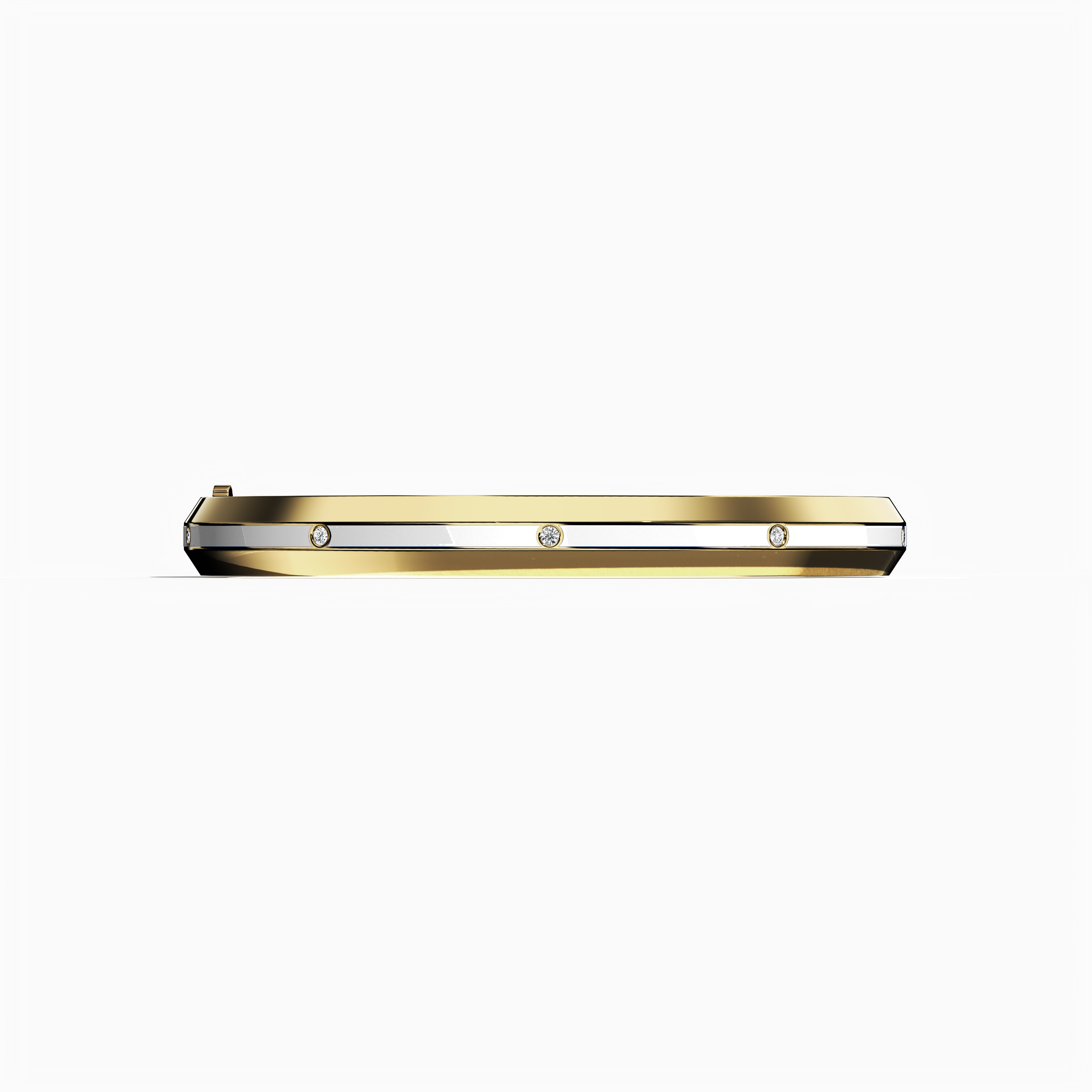 Front view of a center enamel 9-Diamonds bangle carrying 0.25 carat total diamond weight in timeless жёлтое золото—often called classic gold, golden, or sunlit gold. Referred to as a diamond-encrusted bracelet, kada, or armlet, it presents a gleaming white enamel center—pearl or ivory toned—adorned with nine radiant diamonds. Keywords: diamond bangle, жёлтое золото, white enamel, 9 diamonds, unisex.