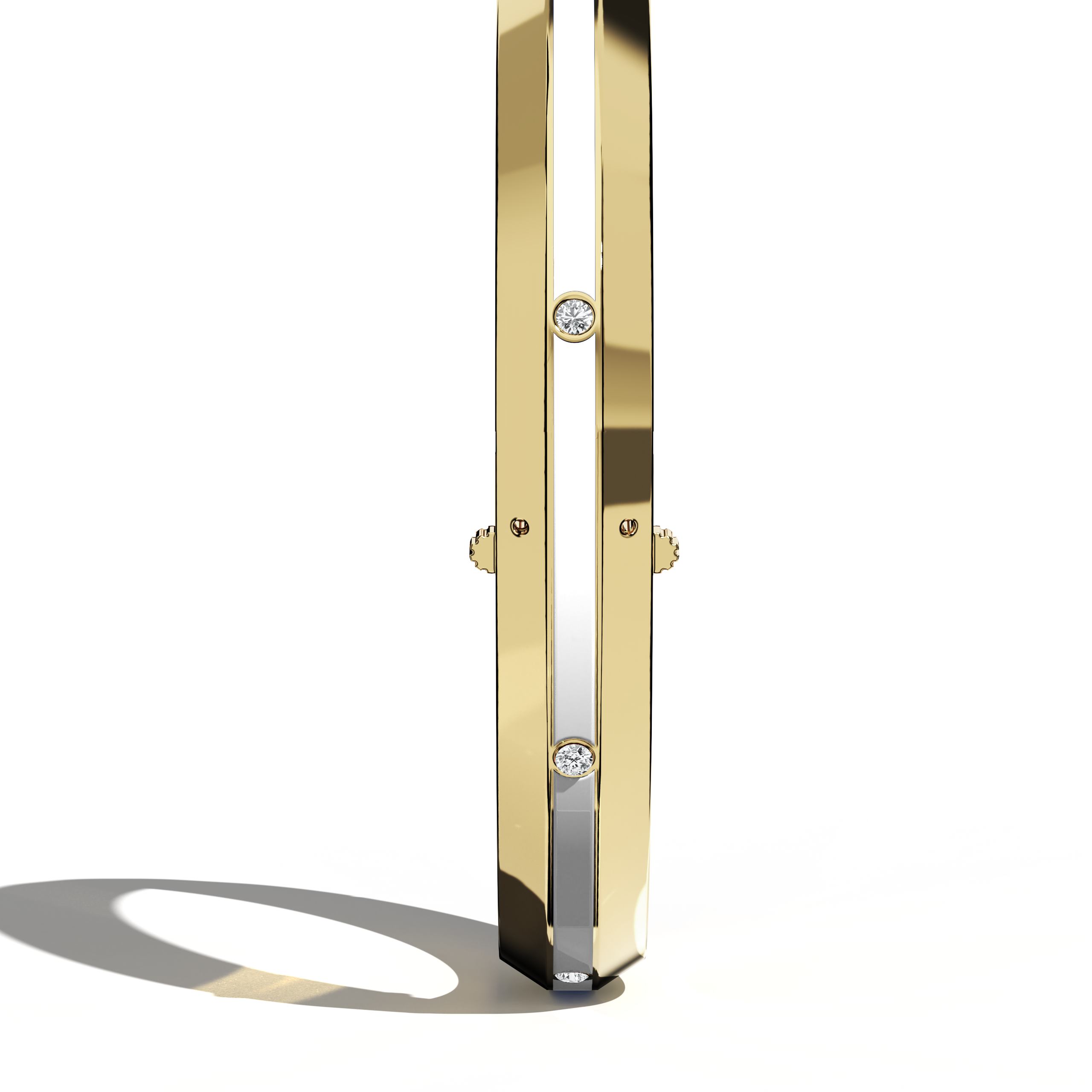 Standing side view of a center enamel 9-Diamonds bangle with 0.25 carat total diamond weight in warm жёлтое золото—frequently labeled classic gold, golden, or sunlit gold. Identified as a diamond-encrusted bracelet, kada, or armlet, its radiant white enamel center—pearl or ivory toned—complements nine shimmering diamonds. Keywords: diamond bangle, жёлтое золото, white enamel, 9 diamonds, elegance.