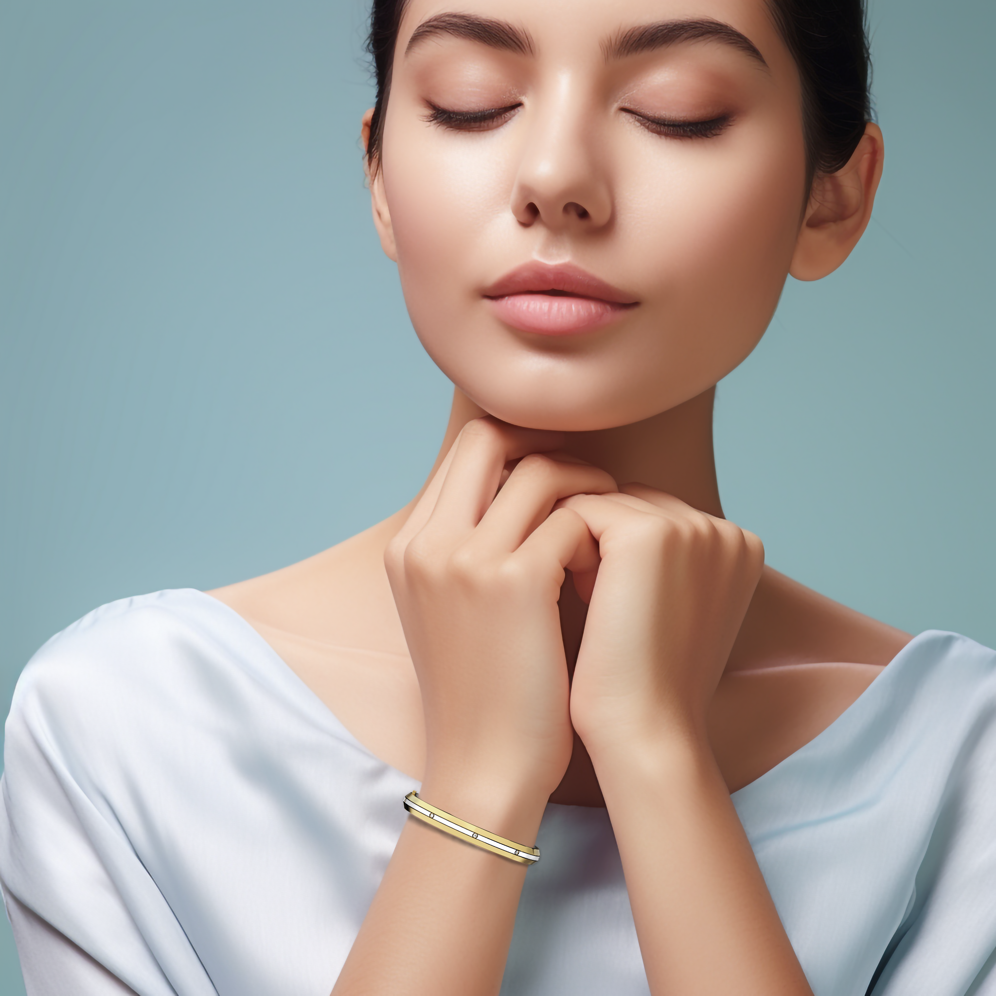 Displayed on her, this center enamel 9-Diamonds bangle carrying 0.25 carat total diamond weight offers timeless elegance in жёлтое золото—sometimes known as classic gold, golden, or sunlit gold. Called a diamond-encrusted bracelet, kada, or armlet, it boasts a luminous white enamel center—pearl or ivory toned—showcasing nine dazzling diamonds. Keywords: diamond bangle, жёлтое золото, white enamel, 9 diamonds, women's style.
