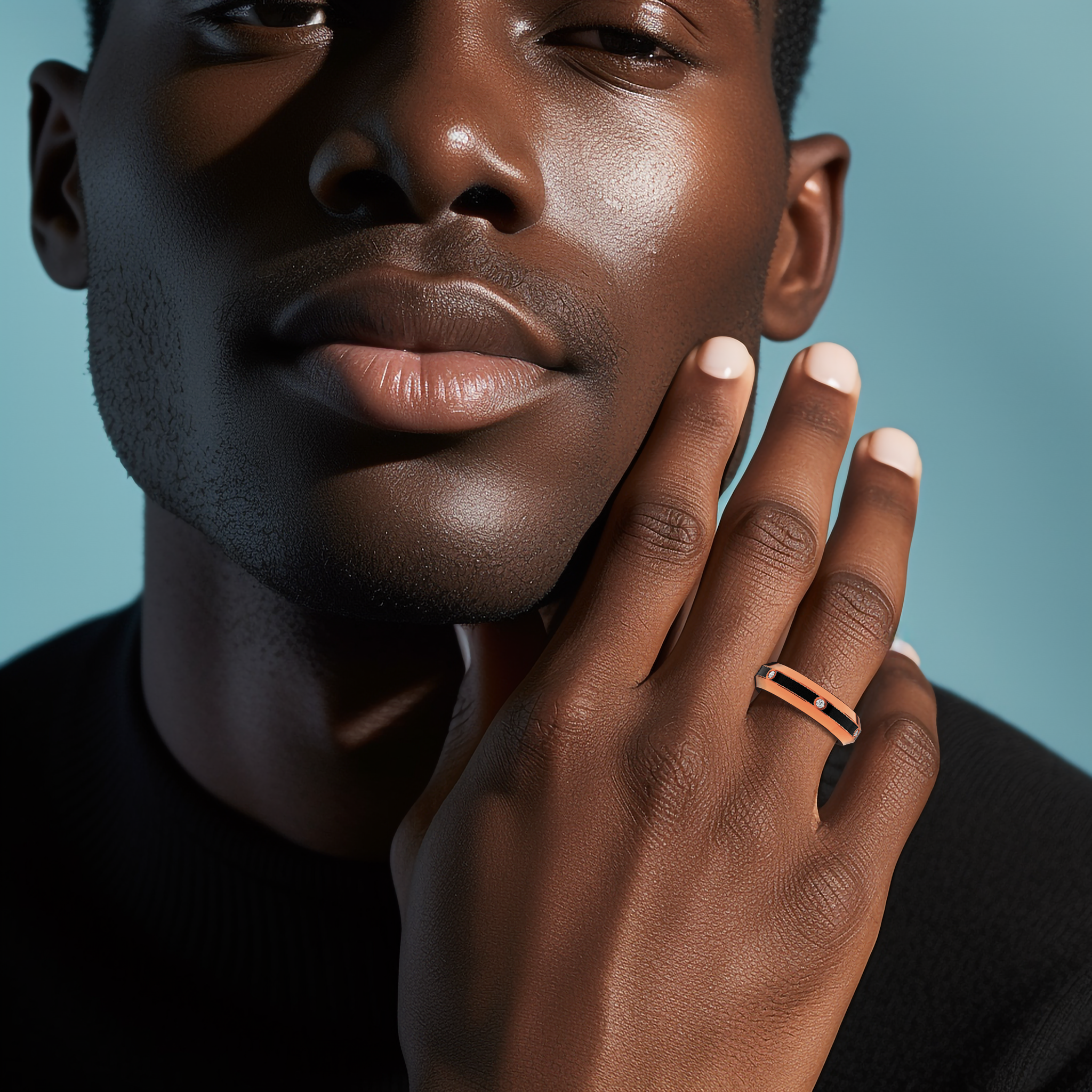Worn elegantly on a model’s hand, this розовое золото six diamond center step enamel ring with sleek black glossy enamel radiates a unique charm. The 0.20-carat diamond line and refined finish illustrate the celebrated ‘Blush Elegance’ or ‘Rose Noir Splendor’ design, capturing both contemporary allure and classic sophistication. Keywords: розовое золото, black enamel, diamond ring, luxury, designer, modern, refined, exquisite.