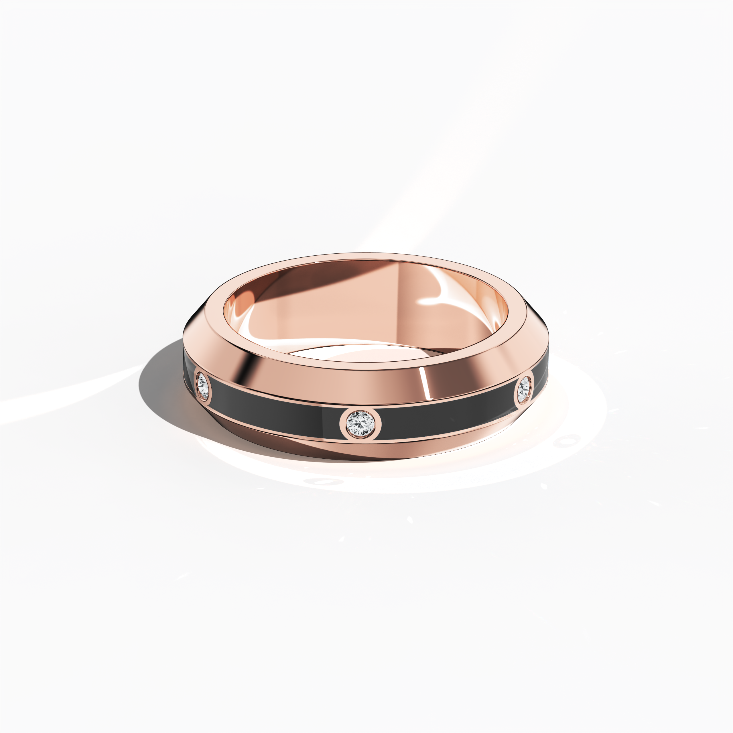 Displayed in a sleeping front top view, the розовое золото six diamond center step enamel ring with rich black glossy enamel reveals a flawless flat profile and a meticulous 0.20-carat diamond center line. Embracing the identities ‘Blush Elegance’ and ‘Rose Noir Splendor,’ this design is celebrated for its artistic fusion of traditional grace and contemporary style. Keywords: розовое золото, enamel, diamond ring, luxury, designer Украшения, fine craftsmanship, modern, sophisticated.