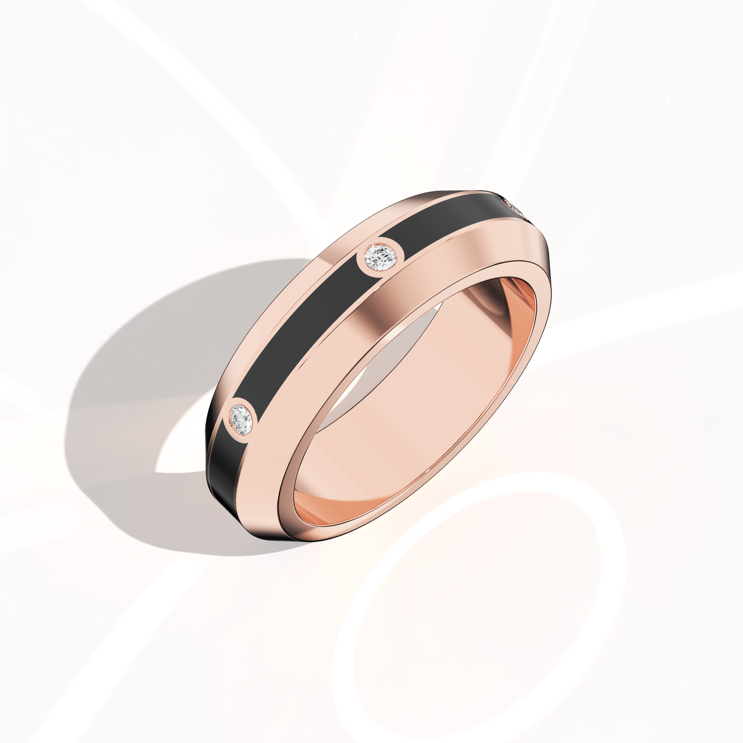 From a standing front top side view, the six diamond center step enamel ring in розовое золото with bold black glossy enamel is showcased with an emphasis on its sculpted contours and 0.20-carat diamond detail. The design, bearing names like ‘Blush Elegance’ and ‘Rose Noir Splendor,’ embodies an innovative twist on classic luxury, merging modern precision with timeless style. Keywords: розовое золото ring, enamel finish, diamond accent, luxury Украшения, modern design, elegant, high-end.