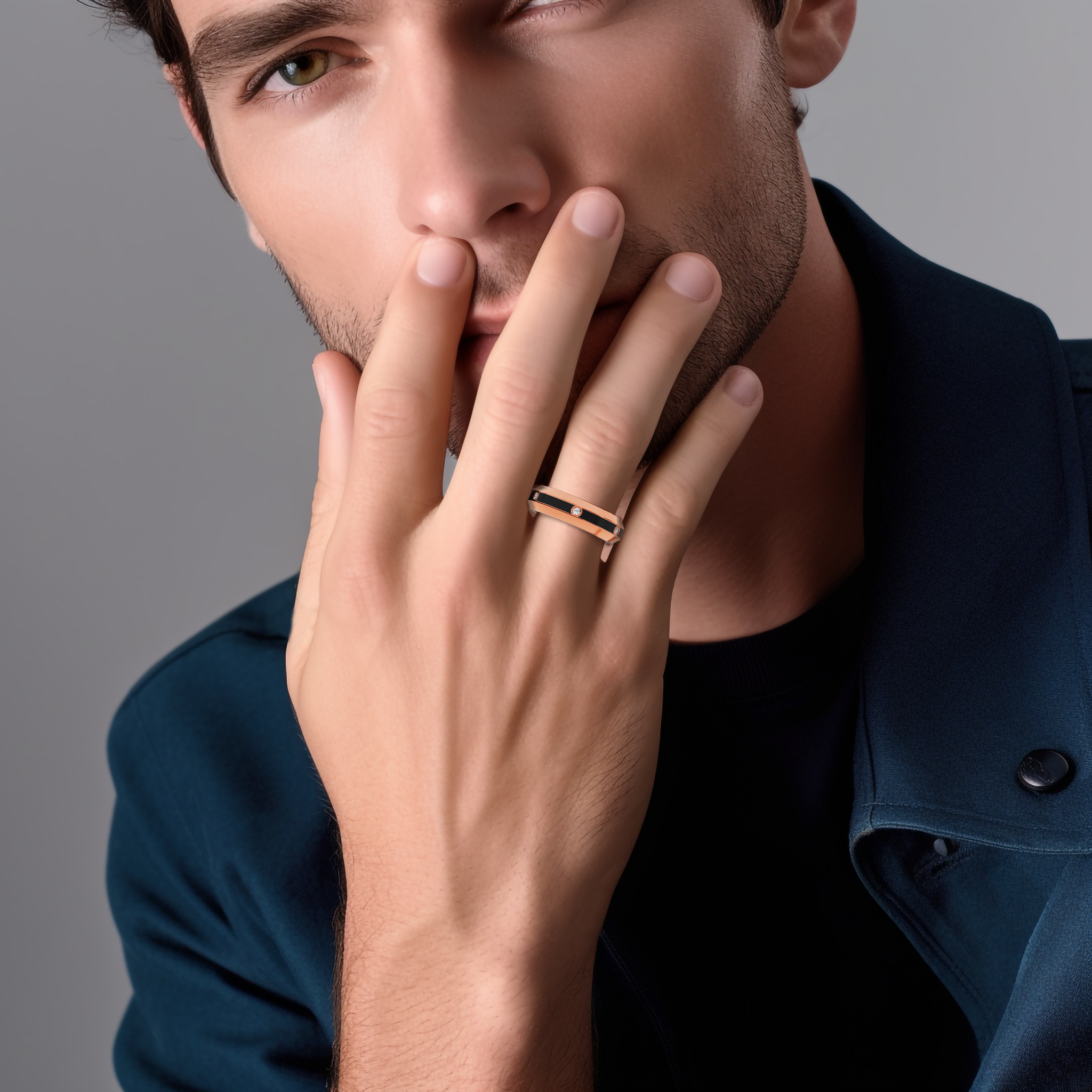 Worn elegantly on a model’s hand, this розовое золото six diamond center step enamel ring with sleek black glossy enamel radiates a unique charm. The 0.20-carat diamond line and refined finish illustrate the celebrated ‘Blush Elegance’ or ‘Rose Noir Splendor’ design, capturing both contemporary allure and classic sophistication. Keywords: розовое золото, black enamel, diamond ring, luxury, designer, modern, refined, exquisite.