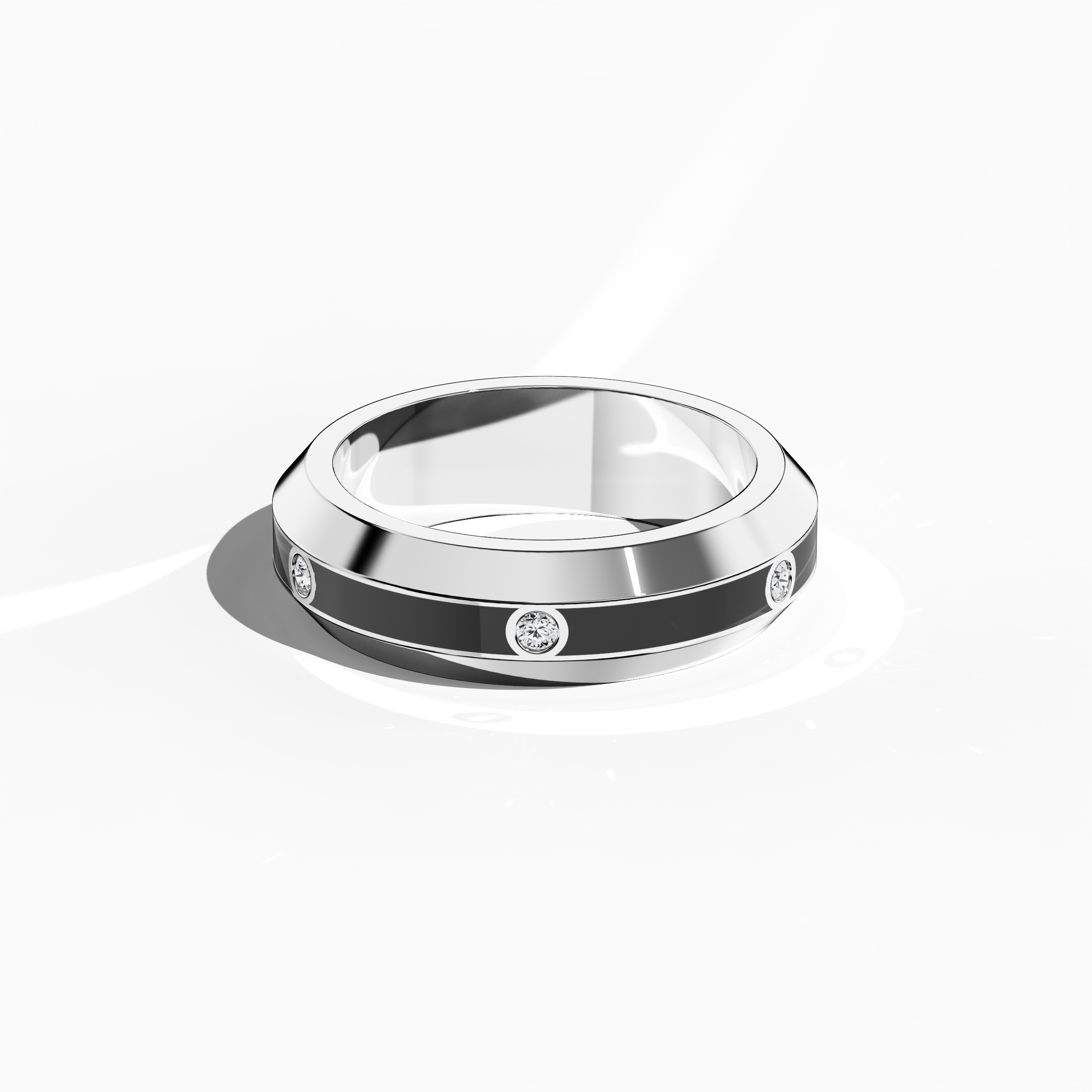 In a sleeping front top view, this белое золото six diamond center step enamel ring with striking black glossy enamel is artfully displayed. Its meticulously set 0.20-carat diamond center line and smooth enamel finish reveal the exceptional craftsmanship behind the ‘Sterling Radiance’ or ‘Luminous White Elegance’ design. The image captures a balance of classic sophistication and contemporary style. Keywords: diamond ring, enamel, белое золото, modern design, luxury, fine craftsmanship.