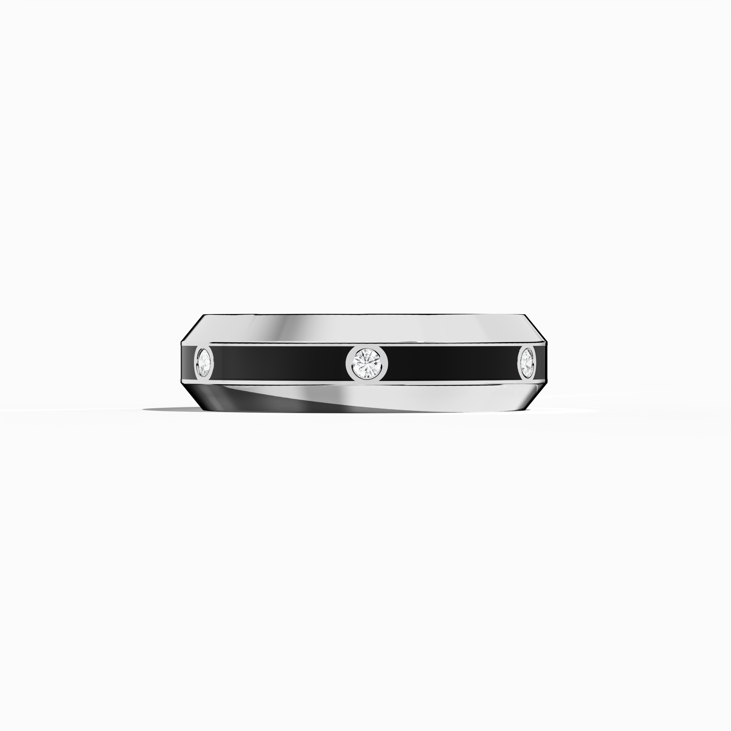 Exquisitely crafted six diamond center step enamel ring in белое золото with a bold black glossy enamel finish is shown in a sleeping front view. The smooth, flat presentation accentuates its 0.20-carat line of brilliant diamonds. This design, also known as ‘Sterling Radiance’ and ‘Luminous White Elegance,’ exemplifies refined luxury and modern artistry. Keywords: enamel ring, diamond accent, белое золото, luxury Украшения, designer, modern, elegant.