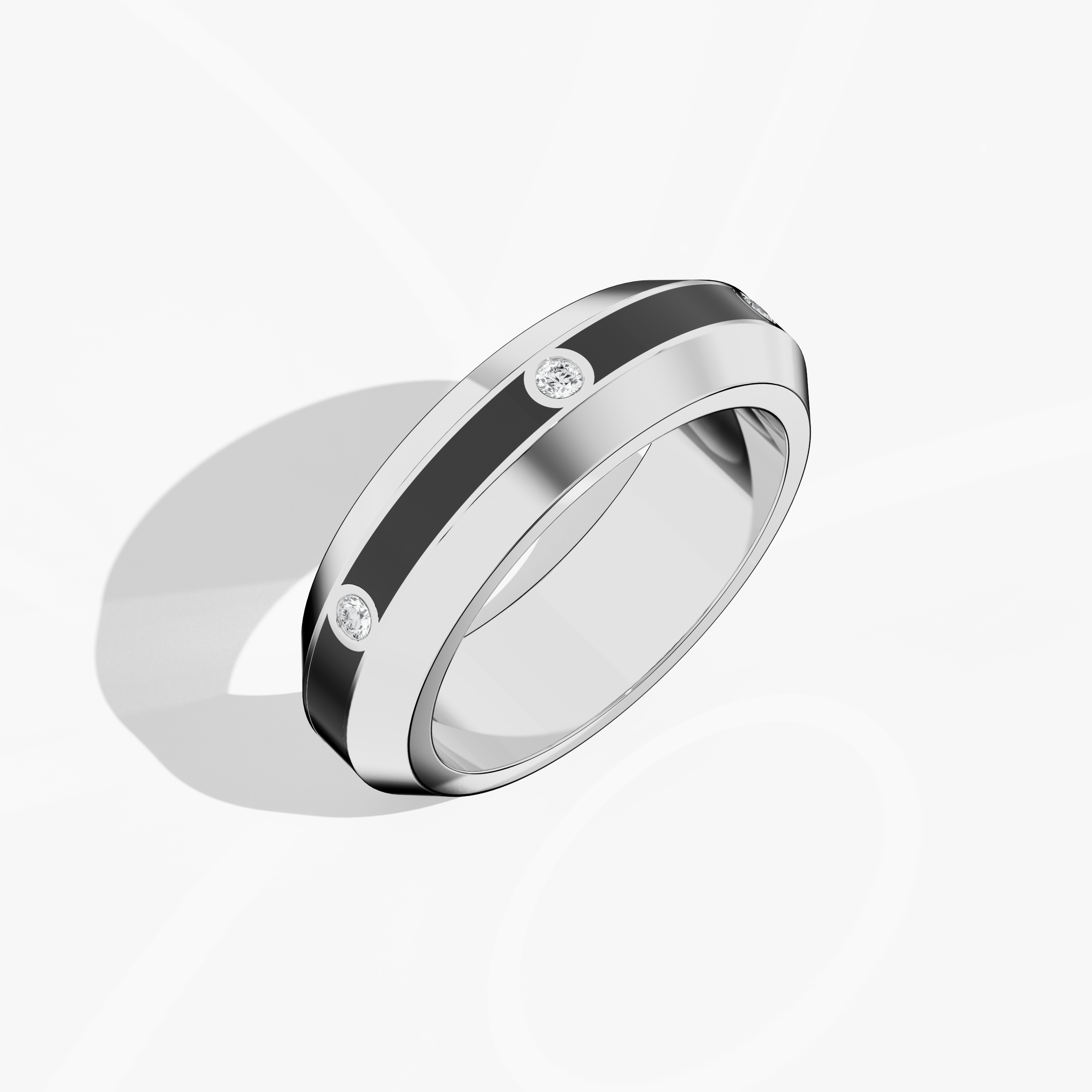 Presented from a standing front top side view, the six diamond center step enamel ring in белое золото with deep black glossy enamel showcases a refined profile and intricate details. The 0.20-carat diamond line and smooth enamel surface echo the celebrated ‘Sterling Radiance’ and ‘Luminous White Elegance’ styles—synonymous with international luxury and innovative design. Keywords: designer ring, белое золото, enamel finish, diamond detail, luxury Украшения, modern, elegant.