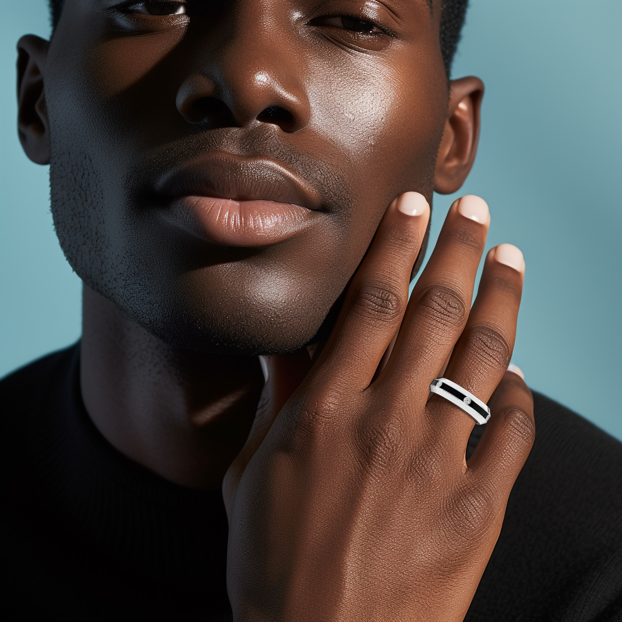 Displayed on a model’s hand, this six diamond center step enamel ring in белое золото with dramatic black glossy enamel radiates sophistication. The 0.20-carat diamond array along its center line, highlighted by its smooth finish, confirms its status as a piece of ‘Sterling Radiance’ or ‘Luminous White Elegance’ design. The image conveys high-end craftsmanship and a fusion of modern aesthetics with classic luxury. Keywords: белое золото ring, enamel, diamond, designer Украшения, elegant, refined, luxury.