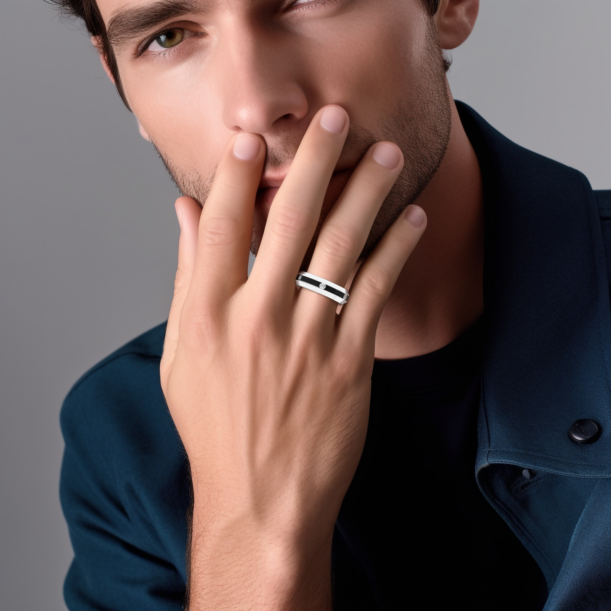 Displayed on a model’s hand, this six diamond center step enamel ring in белое золото with dramatic black glossy enamel radiates sophistication. The 0.20-carat diamond array along its center line, highlighted by its smooth finish, confirms its status as a piece of ‘Sterling Radiance’ or ‘Luminous White Elegance’ design. The image conveys high-end craftsmanship and a fusion of modern aesthetics with classic luxury. Keywords: белое золото ring, enamel, diamond, designer Украшения, elegant, refined, luxury.