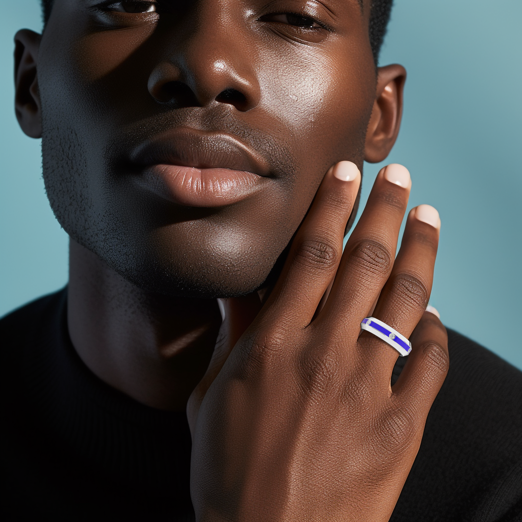 Worn on a model’s finger, this six diamond center step enamel ring in белое золото with vivid blue glossy enamel exudes sophistication and charm. The 0.20-carat diamond row, paired with the dynamic ‘Sterling Radiance’ and ‘Icy Blue Brilliance’ design elements, reflects a fusion of modern innovation and timeless luxury. The image highlights premium craftsmanship and a distinctive, international appeal. Keywords: белое золото, blue enamel, diamond ring, luxury, designer, elegant, modern.