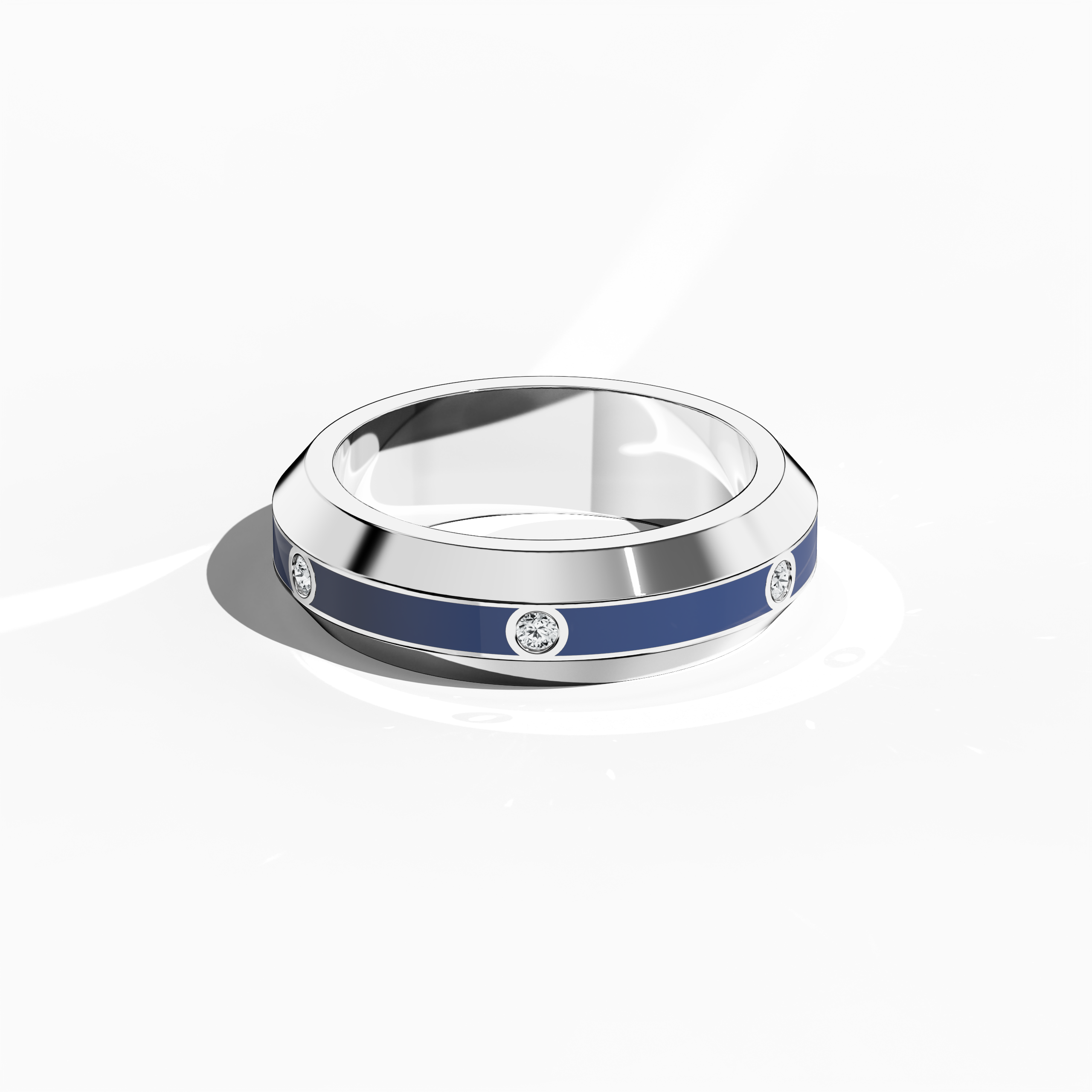 Captured in a sleeping front top view, this exquisite белое золото six diamond center step enamel ring with striking blue glossy enamel presents a refined, flat profile. The 0.20-carat diamond center line glitters under soft lighting, reflecting the celebrated ‘Sterling Radiance’ and ‘Icy Blue Brilliance’ design identities known for their international allure and modern luxury. Keywords: enamel ring, blue gold, diamond accent, luxury, designer Украшения, modern, sophisticated.