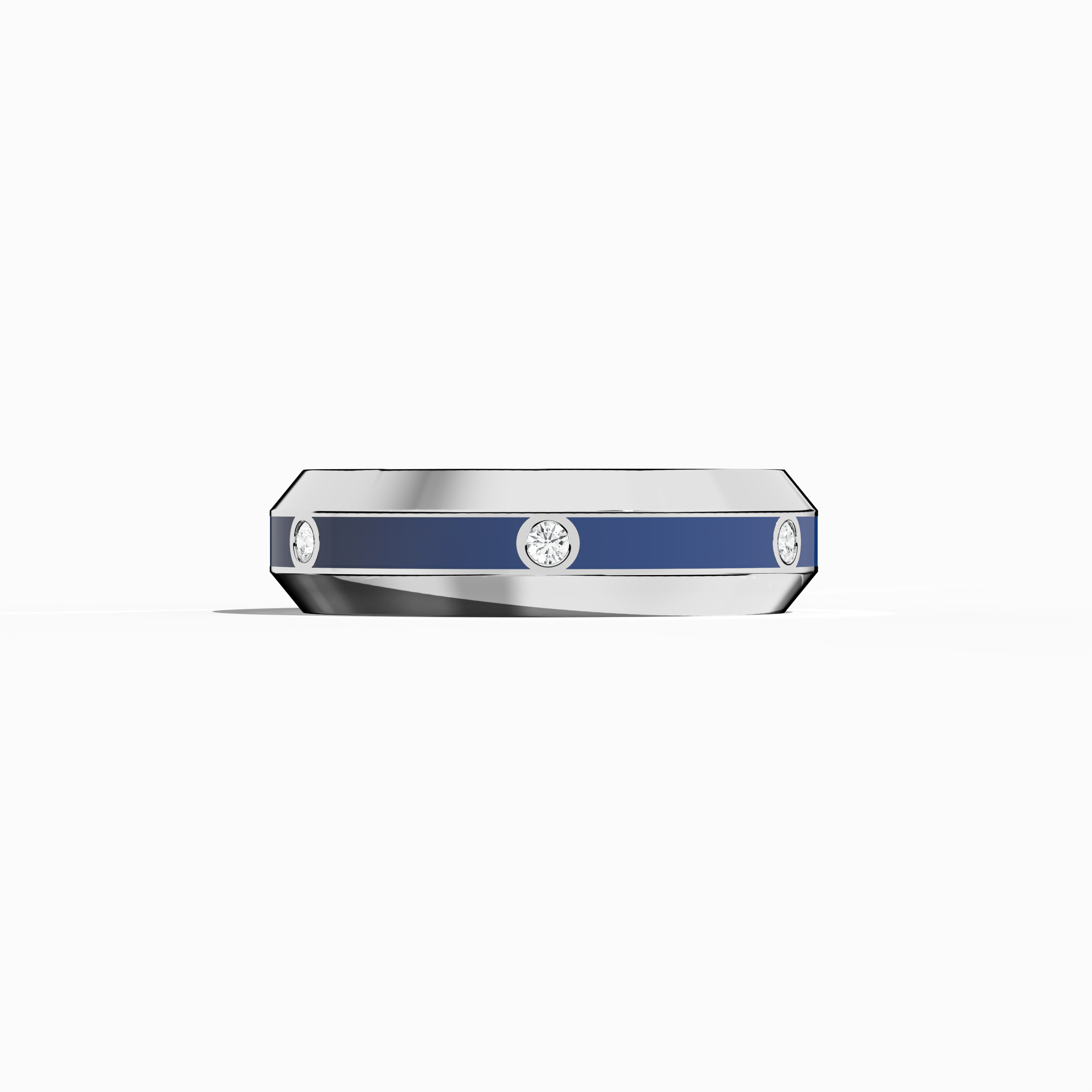 This six diamond center step enamel ring in белое золото with vibrant blue glossy enamel is shown in a sleeping front view. The elegant band, featuring a 0.20-carat diamond line, epitomizes precision and luxury. Recognized as ‘Sterling Radiance’ or ‘Icy Blue Brilliance’ in diverse design lexicons, its modern yet timeless style is perfectly captured. Keywords: белое золото, blue enamel, diamond ring, luxury Украшения, fine craftsmanship, designer, modern elegance.
