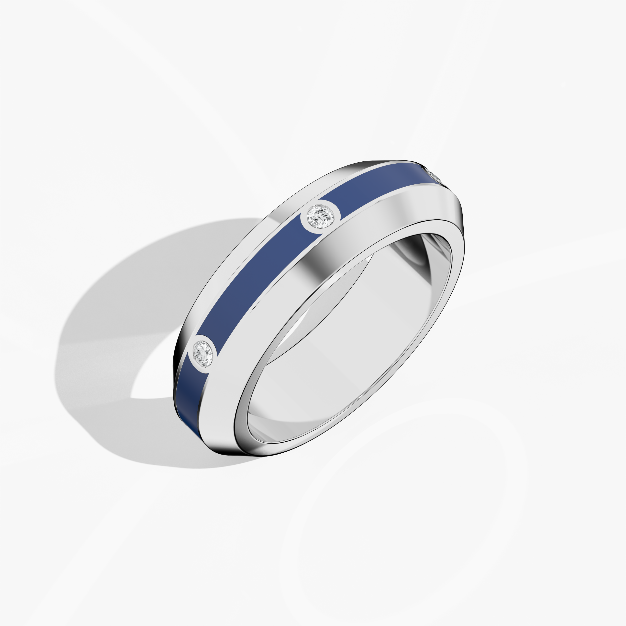 Shown from a standing front top side view, the six diamond center step enamel ring in белое золото with a bold blue glossy enamel finish reveals its dynamic contours and precision-set 0.20-carat diamond line. This design, also labeled ‘Sterling Radiance’ or ‘Icy Blue Brilliance,’ merges contemporary flair with enduring elegance, emphasizing premium craftsmanship and refined artistry. Keywords: белое золото ring, enamel, diamond detail, luxury Украшения, modern design, elegant, high-end.