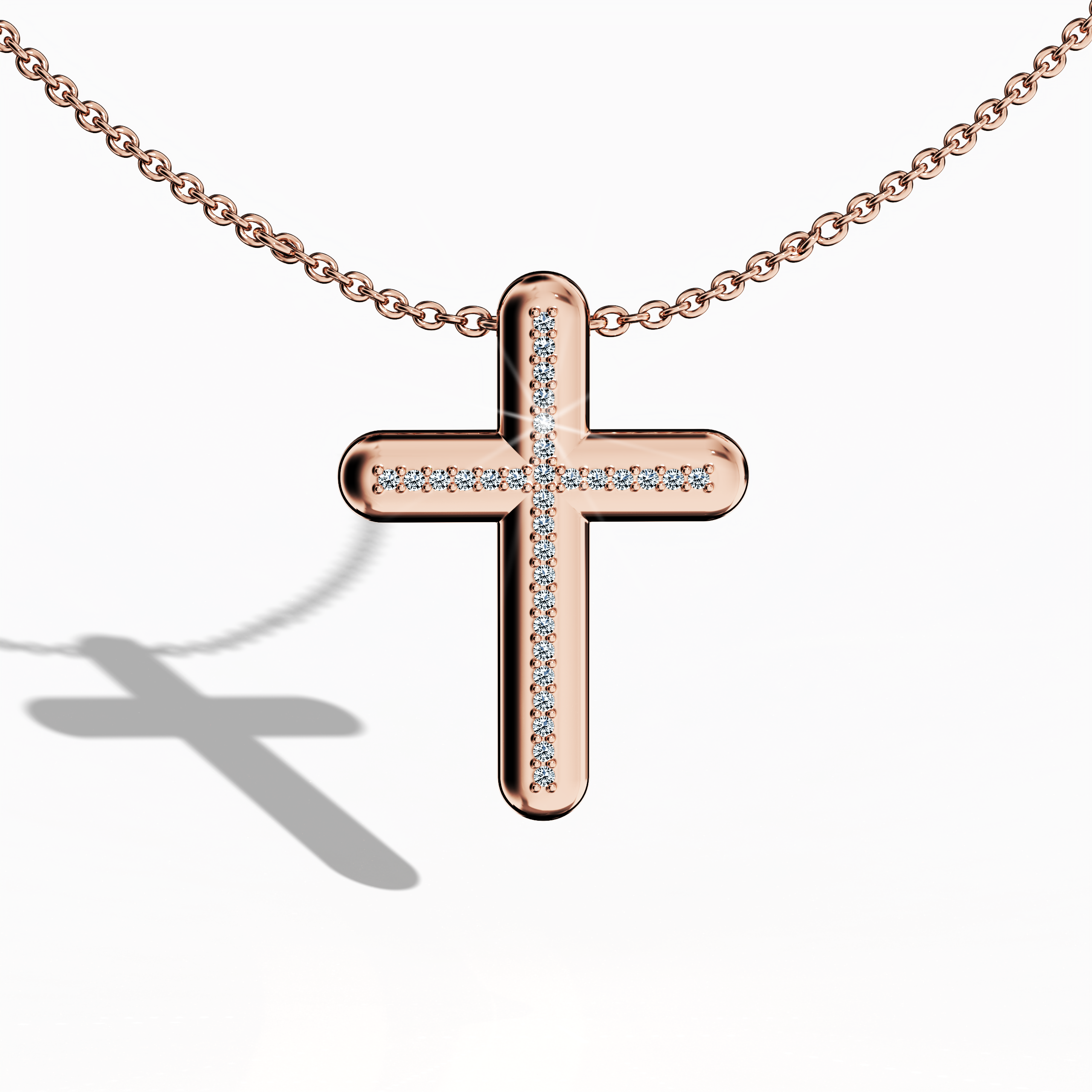 Front view of a center paved cross pendant in warm розовое золото, often known as pink or blush gold in various locales. Showcasing 0.20 carat of pavé diamonds at its heart, this design—also referred to as a diamond pavé cross or radiant cross—combines soft metallic hues with sparkling accents. Its polished silhouette captures a graceful union of faith-based heritage and refined modern appeal.
Keywords: center paved cross, розовое золото, 0.20 carat diamond, radiant design.