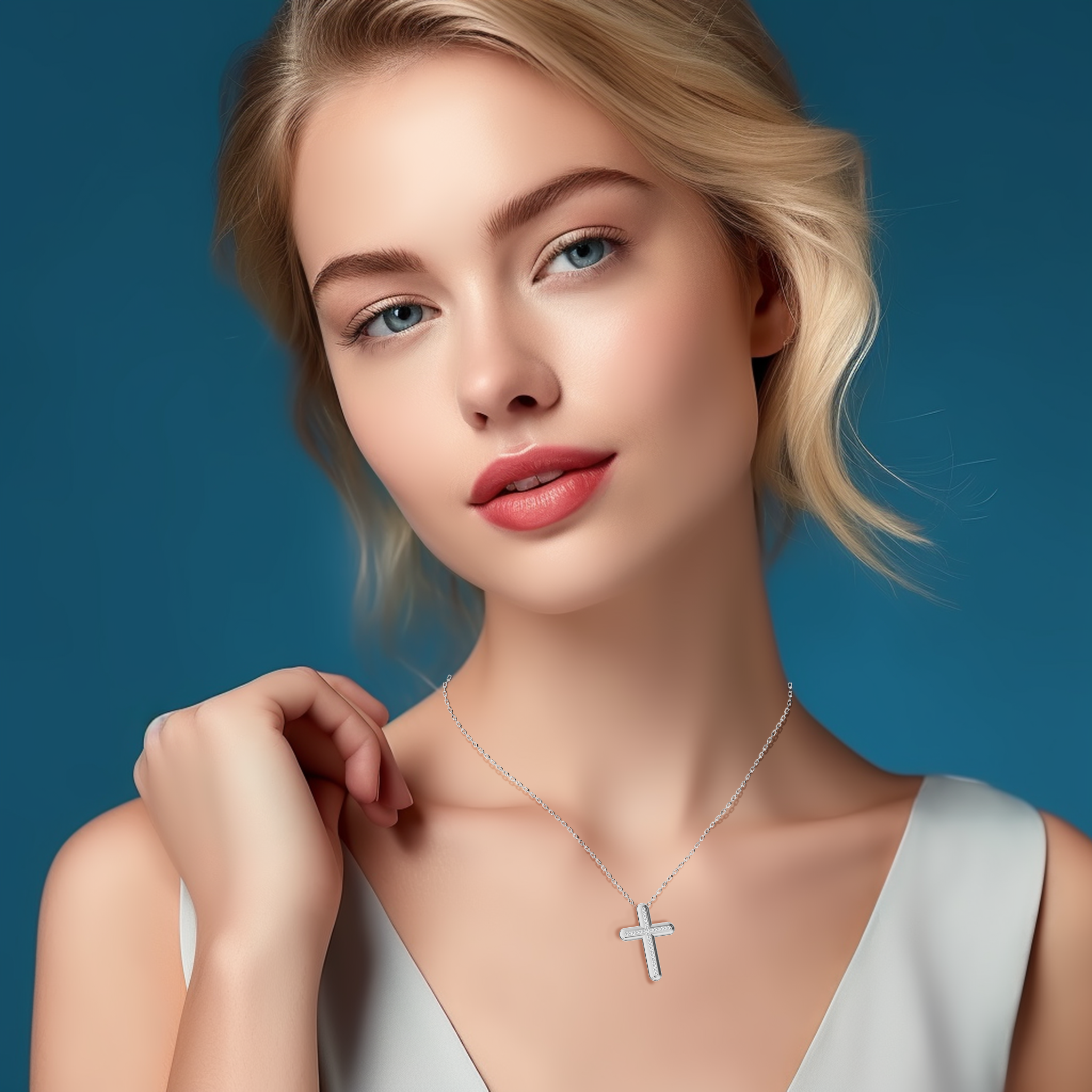 A woman wears a center paved cross pendant in gleaming белое золото, sometimes labeled pale or silver-hued gold, featuring 0.20 carat of diamond pavé at the center. This refined piece, also called a diamond-studded cross or sparkle cross, rests elegantly on her neckline, uniting spiritual significance with contemporary elegance. Its polished finish and subtle brilliance enhance both everyday outfits and formal attire.
Keywords: center paved cross, белое золото, 0.20 carat diamond, stylish Украшения.
