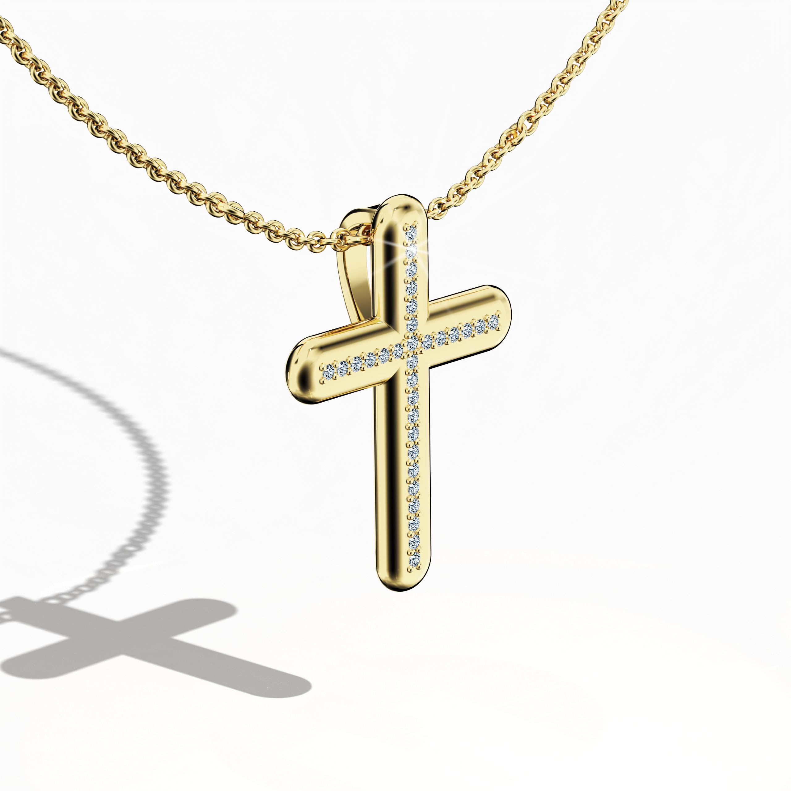 Front top side view of a center paved cross pendant in gleaming жёлтое золото, occasionally referred to as traditional or golden-toned metal. Featuring 0.20 carat of pavé diamonds at its center, this piece is also called a diamond pavé cross or radiant cross design. From this angled perspective, its polished contours and luminous finish balance spiritual devotion with contemporary refinement.
Keywords: center paved cross, жёлтое золото, diamond pavé, refined accessory.