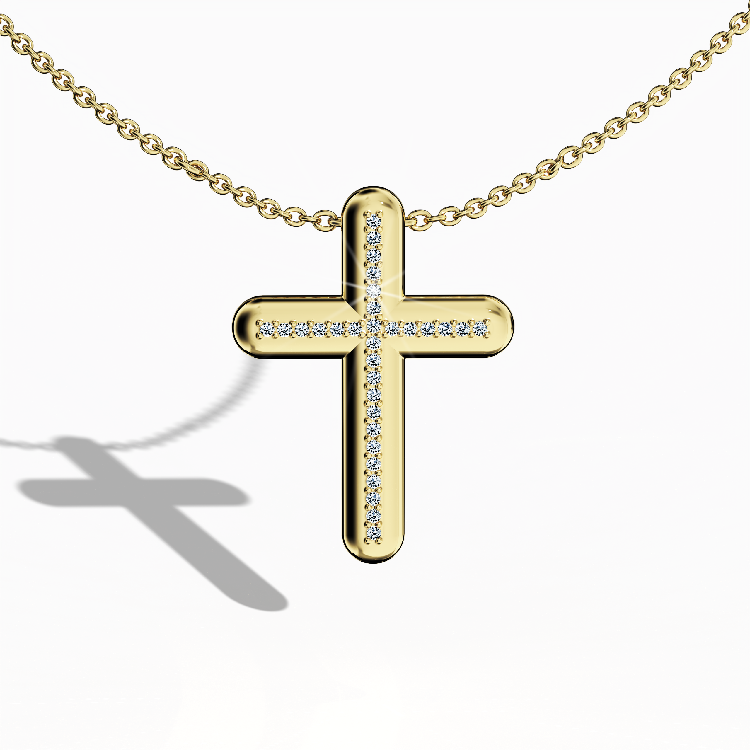 Front view of a center paved cross pendant in classic жёлтое золото, sometimes called traditional or golden-hued metal in different regions. This 0.20 carat diamond pavé design, also known as a diamond-studded cross or sparkle cross, highlights each polished edge. Its warm glow and precision-set stones unite faith-inspired tradition with sleek modernity, creating a timeless statement for various occasions.
Keywords: center paved cross, жёлтое золото, 0.20 carat diamond, timeless piece.