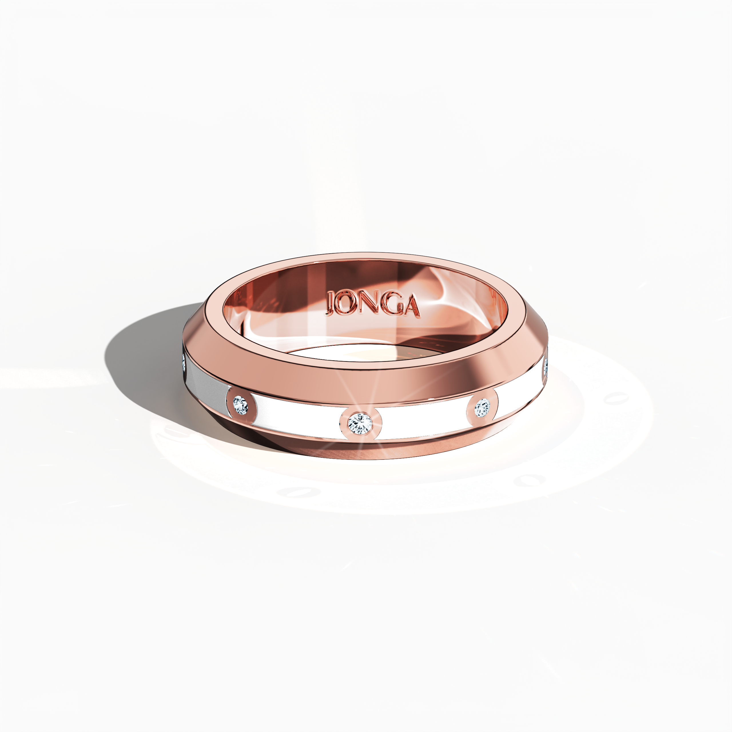 In a sleeping front top view, the rose gold nine diamond center step enamel ring with luminous white glossy enamel displays a flat, elegant profile and a centrally aligned 0.30-carat diamond row. Celebrated as ‘Blush Elegance’ and ‘Rose Ivory Radiance,’ the design marries contemporary innovation with classic allure for a look that is both luxurious and artfully modern. Keywords: rose gold ring, enamel, diamond, luxury jewelry, modern design, designer, elegant, sophisticated.