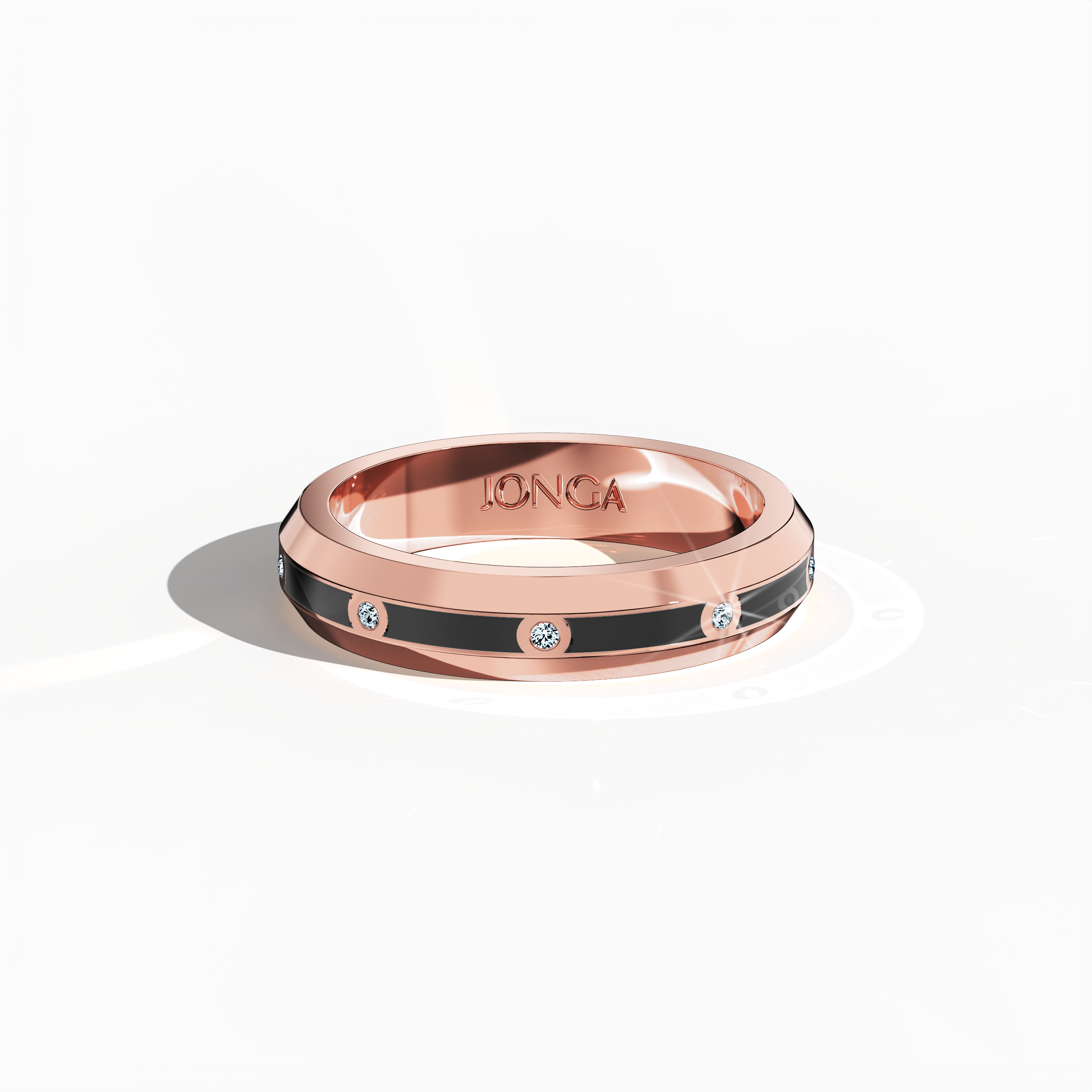 In a serene sleeping front top view, the rose gold ring reveals a harmonious design with nine finely aligned diamonds (totaling 0.10 carats) along a sleek band, accented by a deep black glossy enamel finish. Known as “Timeless Radiance,” “Celestial Emblem,” and “Eternal Sparkle,” and acknowledged by alternative international rose gold names, the design emanates refined luxury and modern artisanal charm. Keywords: refined, stylish, modern, classic, elegant.