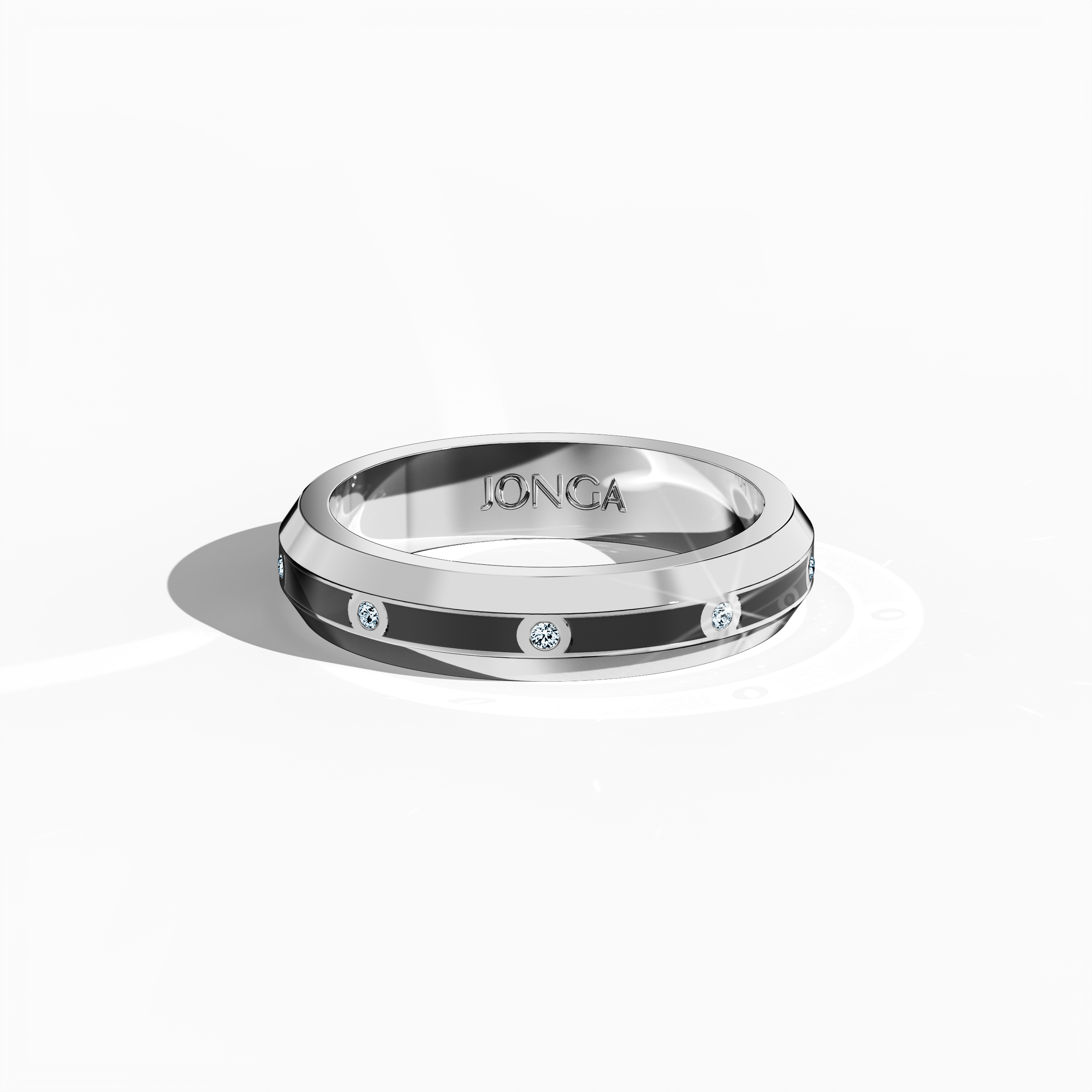 Displayed from an overhead sleeping front top view, this exquisite white gold ring boasts a sleek band with nine finely set diamonds (0.10 carats total) and a bold black glossy enamel surface that radiates sophistication. Celebrated as “Timeless Radiance,” “Celestial Emblem,” and “Eternal Sparkle,” it also carries alternative gold names such as “Auric White,” merging international design lexicons with contemporary elegance. Keywords: modern, stylish, luxury, refined, artisanal.