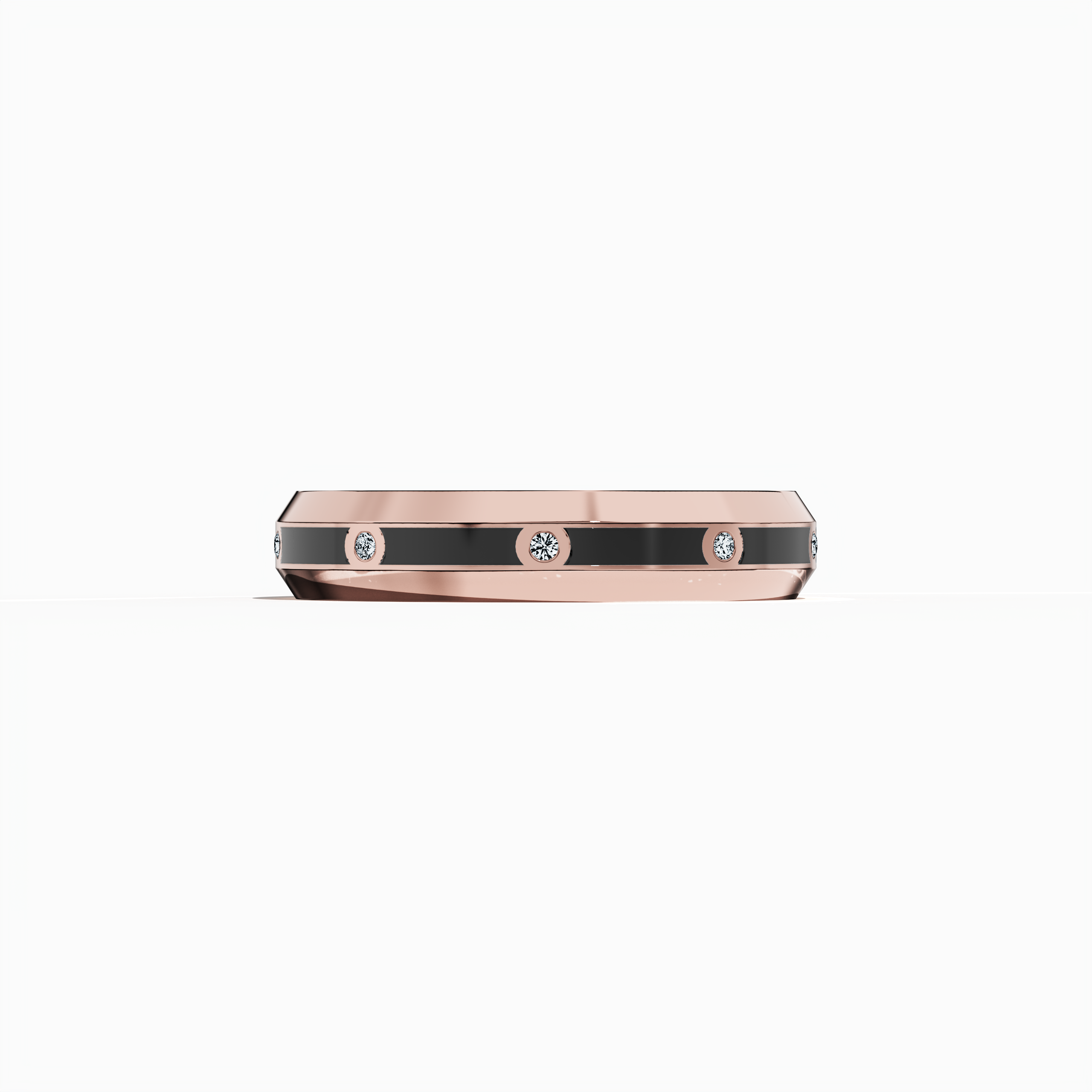 Exuding warm allure, this rose gold nine diamond center step enamel ring is captured in a sleeping front view, showcasing a delicately crafted band with nine precision-set diamonds (0.10 carats total) and a striking black glossy enamel finish. Celebrated as “Timeless Radiance,” “Celestial Emblem,” and “Eternal Sparkle,” and enriched by alternative rose gold terms in global design lexicons, the ring radiates modern luxury and timeless elegance. Keywords: elegant, chic, sophisticated, artistic, high-end.