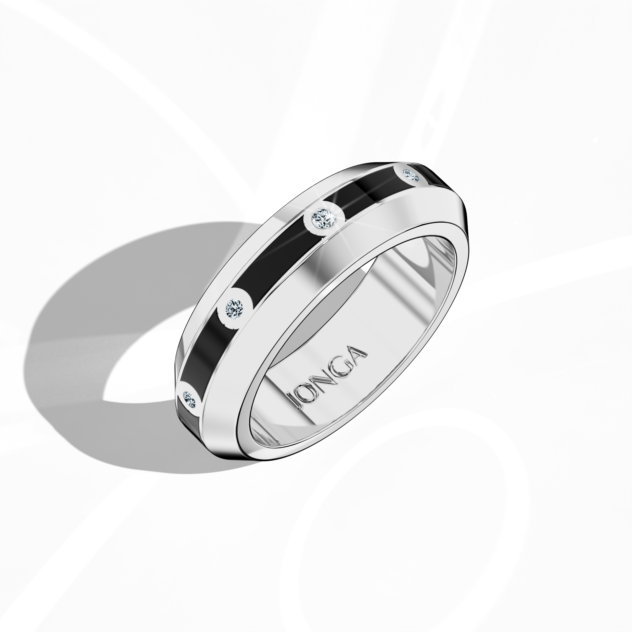 Presented from a standing front top side view, the nine diamond center step enamel ring in white gold with deep black glossy enamel showcases a refined profile and intricate details. The 0.30-carat diamond line and smooth enamel surface echo the celebrated ‘Sterling Radiance’ and ‘Luminous White Elegance’ styles—synonymous with international luxury and innovative design. Keywords: designer ring, white gold, enamel finish, diamond detail, luxury jewelry, modern, elegant.