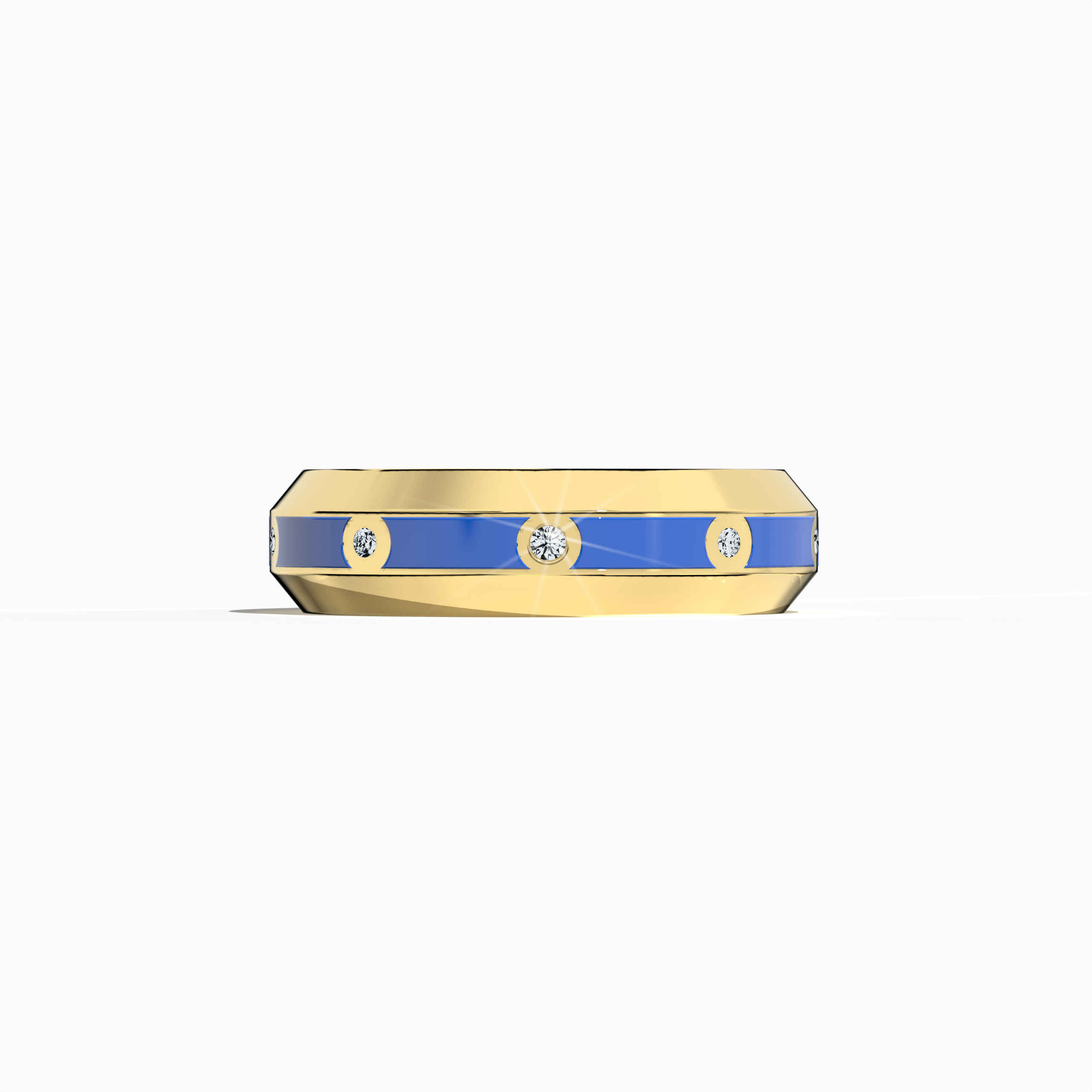 This refined nine diamond center step enamel ring in yellow gold paired with pristine white glossy enamel is depicted in a sleeping front view. The band’s 0.30-carat diamond line shines with precision, underscoring a design known as ‘Blush Elegance’ or ‘yellow Ivory Radiance’ in international design vocabularies. Its harmonious blend of soft hues and modern luxury exemplifies fine craftsmanship and timeless beauty. Keywords: yellow gold, blue enamel, diamond ring, luxury, designer, modern, elegant, refined.