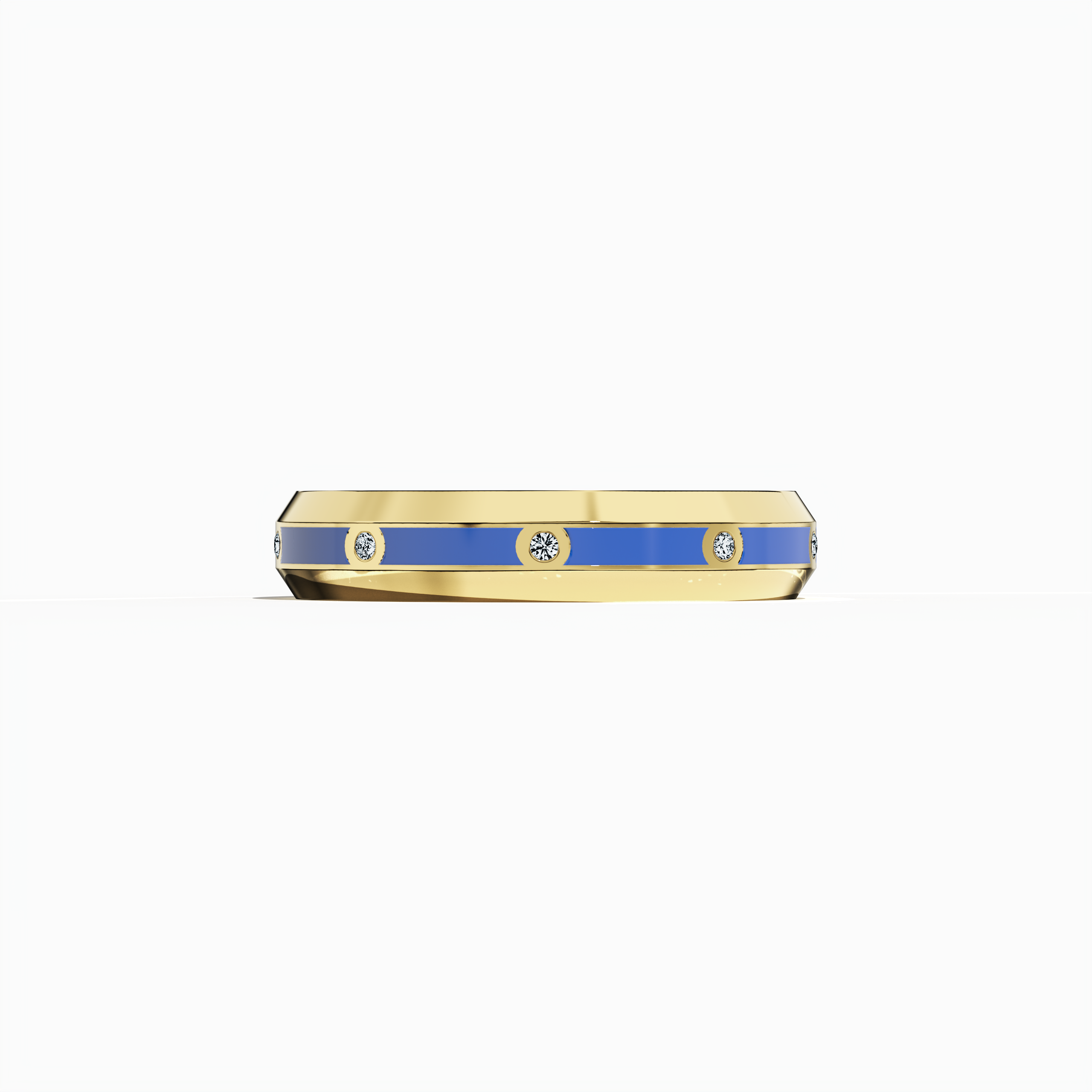 Depicted in a sleeping front view, the yellow gold nine diamond center step enamel ring dazzles with a polished band featuring nine expertly aligned diamonds (0.10 carats total) and a vivid blue glossy enamel finish. Celebrated as “Timeless Radiance,” “Celestial Emblem,” and “Eternal Sparkle,” and marked by alternative yellow gold nomenclatures in global design lexicons, the ring exudes modern luxury, refined artistry, and contemporary flair. Keywords: elegant, chic, sophisticated, modern, high-end.