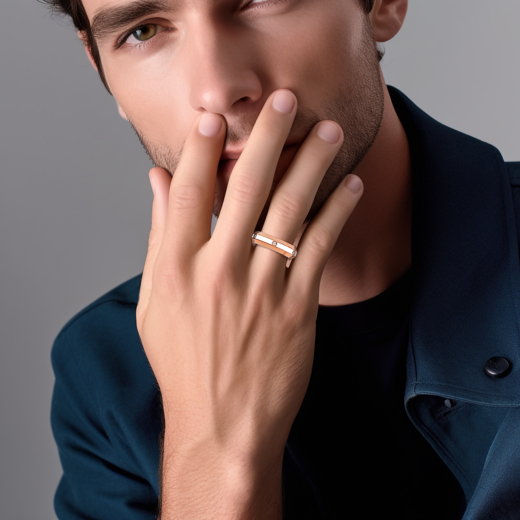 Adorning a model’s hand, this розовое золото six diamond center step enamel ring with bright white glossy enamel exudes a captivating charm. The 0.20-carat diamond accent, along with the distinguished ‘Blush Elegance’ or ‘Rose Ivory Radiance’ design, melds modern innovation with classic luxury. The image highlights intricate detailing, superb craftsmanship, and a refined, international appeal. Keywords: розовое золото, white enamel, diamond ring, luxury, modern, designer, elegant, refined.