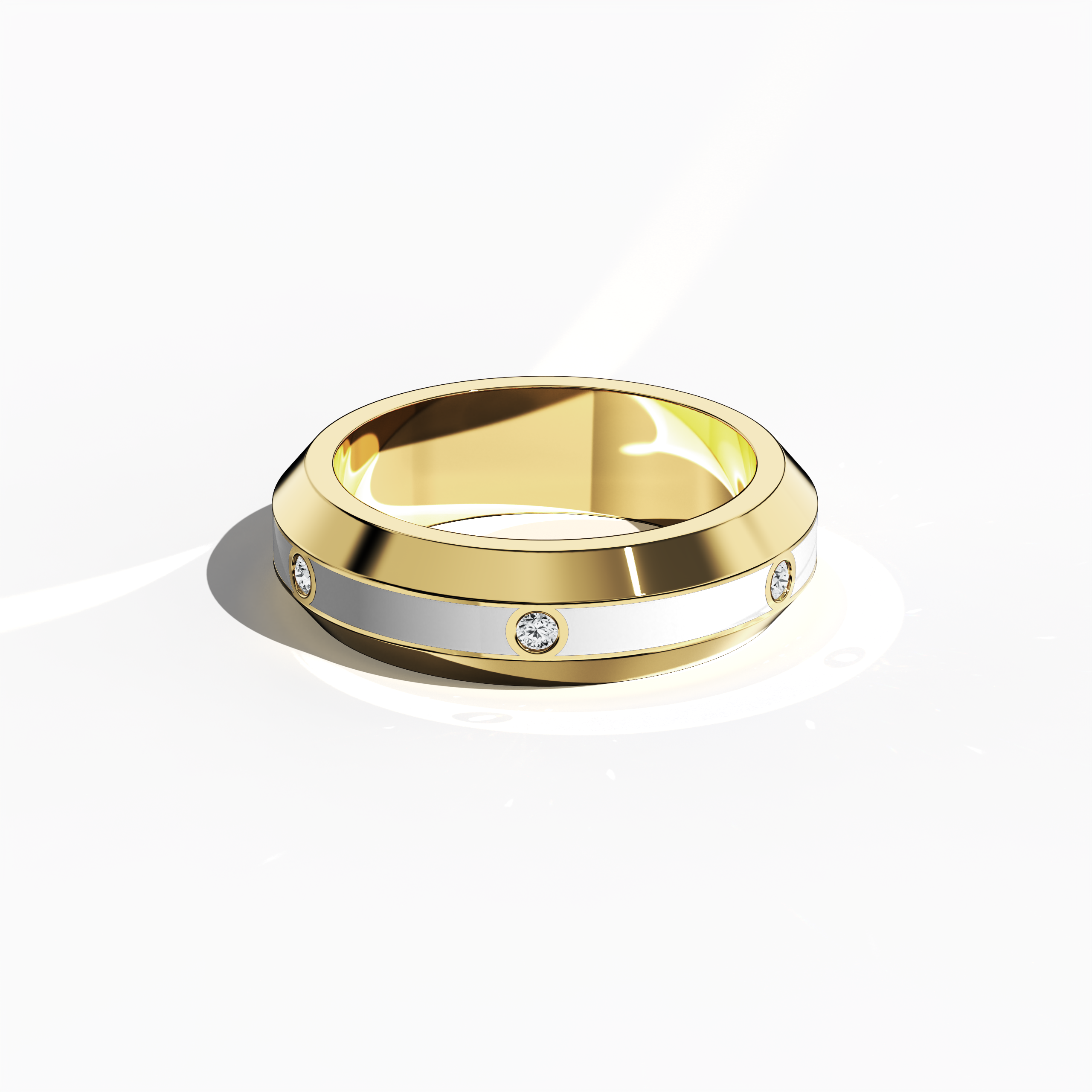 Displayed in a sleeping front top view, the жёлтое золото six diamond center step enamel ring with luminous white glossy enamel reveals an immaculate flat presentation. The 0.20-carat diamond center line shines brilliantly, underscoring the piece’s identity as ‘Golden Classic’ or ‘Sunlit Heritage’—a design celebrated for its fusion of contemporary style and enduring luxury. Keywords: жёлтое золото, enamel, diamond, luxury, modern, designer, elegant, fine craftsmanship.