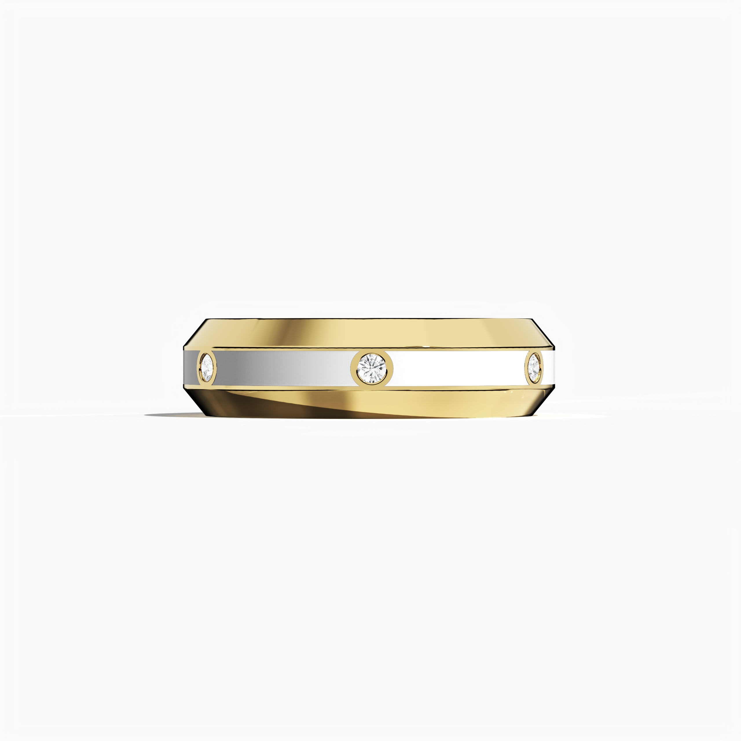 This six diamond center step enamel ring in жёлтое золото with crisp white glossy enamel is shown in a sleeping front view, emphasizing its smooth, flat profile and a precisely set 0.20-carat diamond line. The design, known as ‘Golden Classic’ or ‘Sunlit Heritage’ in refined design lexicons, combines warm hues with modern luxury, reflecting impeccable craftsmanship and timeless elegance. Keywords: жёлтое золото, white enamel, diamond ring, luxury Украшения, modern design, designer, elegant, refined.