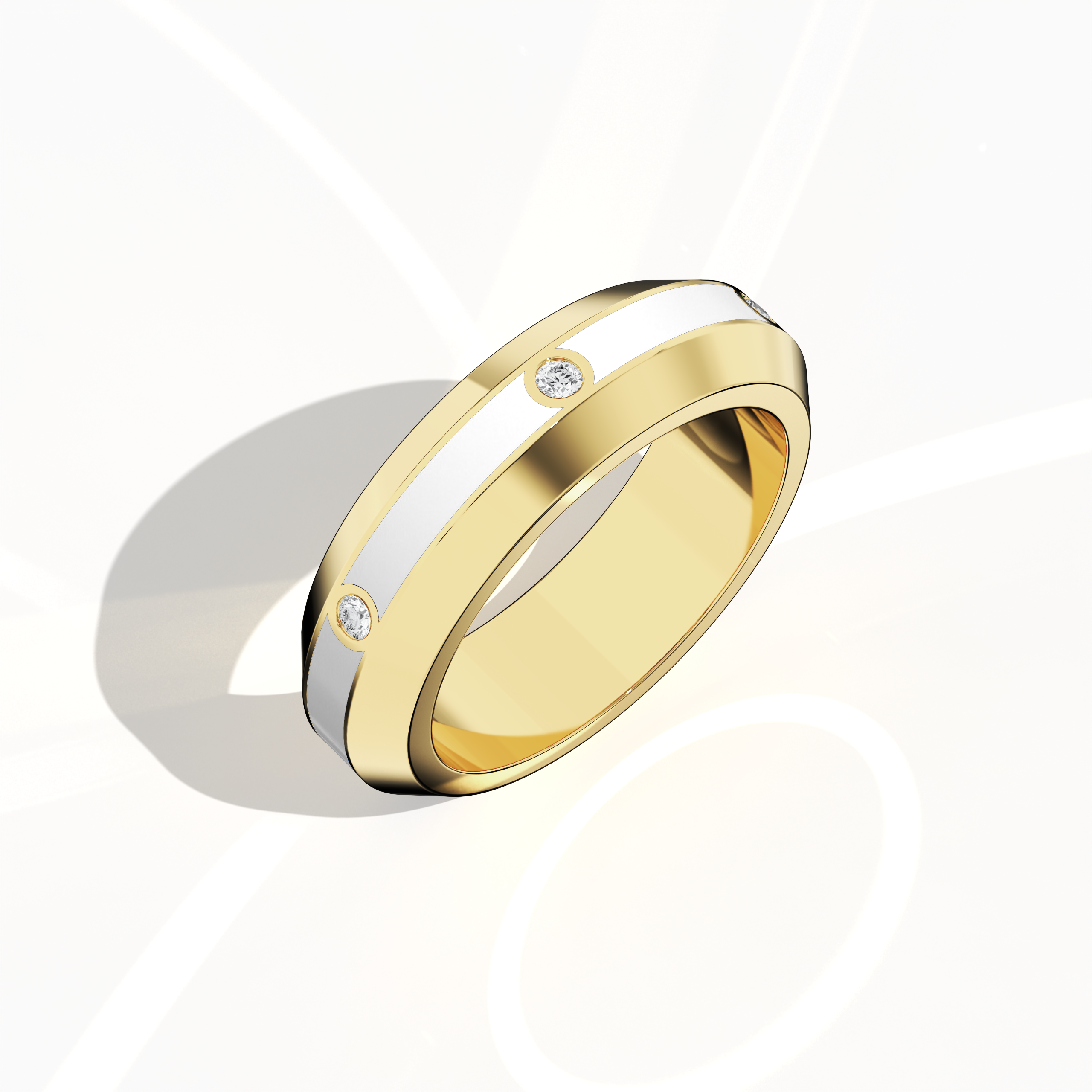 From a standing front top side view, this six diamond center step enamel ring in жёлтое золото with a radiant white glossy enamel finish is showcased with detailed precision. Its 0.20-carat diamond line, integral to the ‘Golden Classic’ or ‘Sunlit Heritage’ design, highlights a perfect blend of modern sophistication and timeless luxury, reflecting exceptional artistry and refined craftsmanship. Keywords: жёлтое золото, white enamel, diamond ring, luxury, designer, modern, elegant, high-end.
