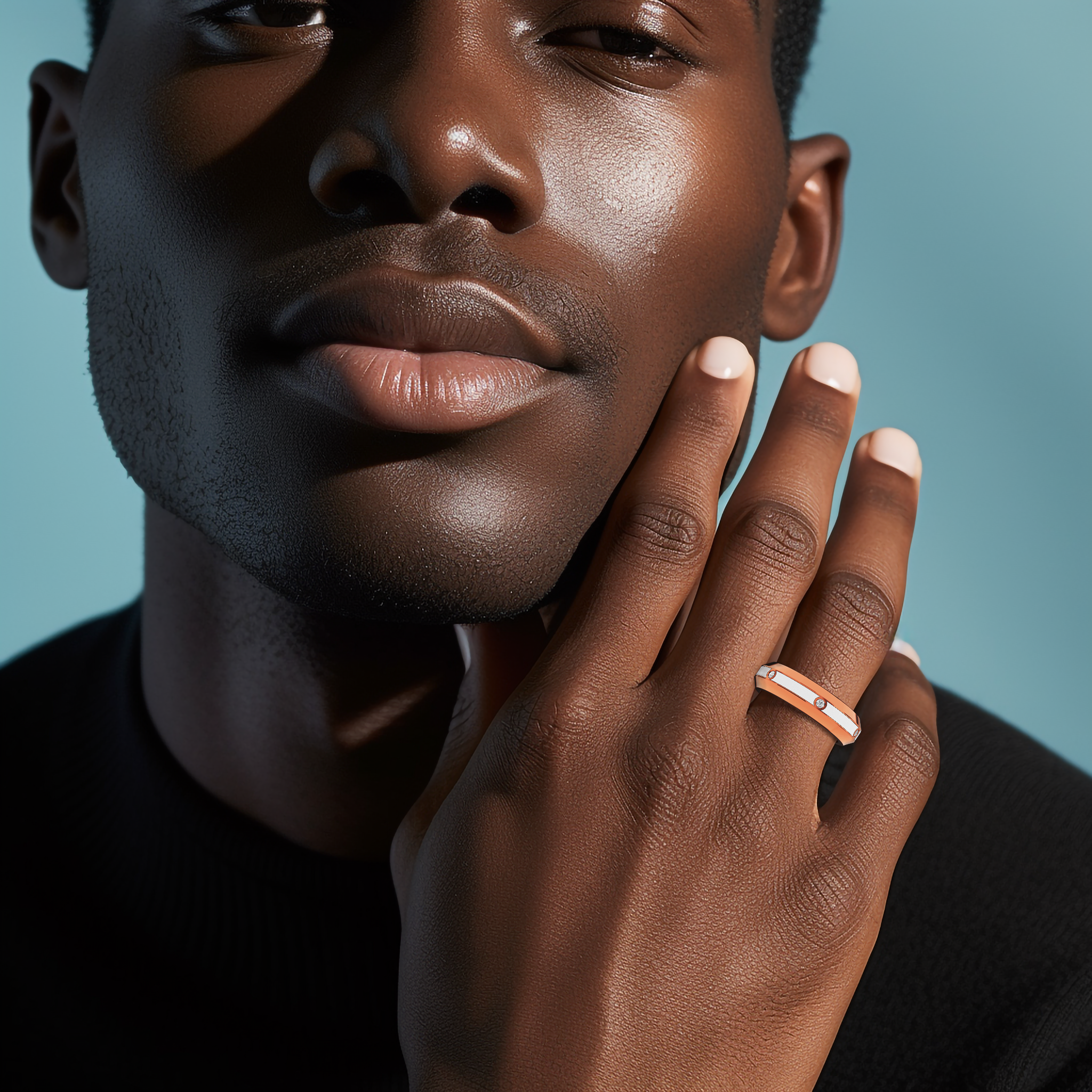 Adorning a model’s hand, this розовое золото six diamond center step enamel ring with bright white glossy enamel exudes a captivating charm. The 0.20-carat diamond accent, along with the distinguished ‘Blush Elegance’ or ‘Rose Ivory Radiance’ design, melds modern innovation with classic luxury. The image highlights intricate detailing, superb craftsmanship, and a refined, international appeal. Keywords: розовое золото, white enamel, diamond ring, luxury, modern, designer, elegant, refined.