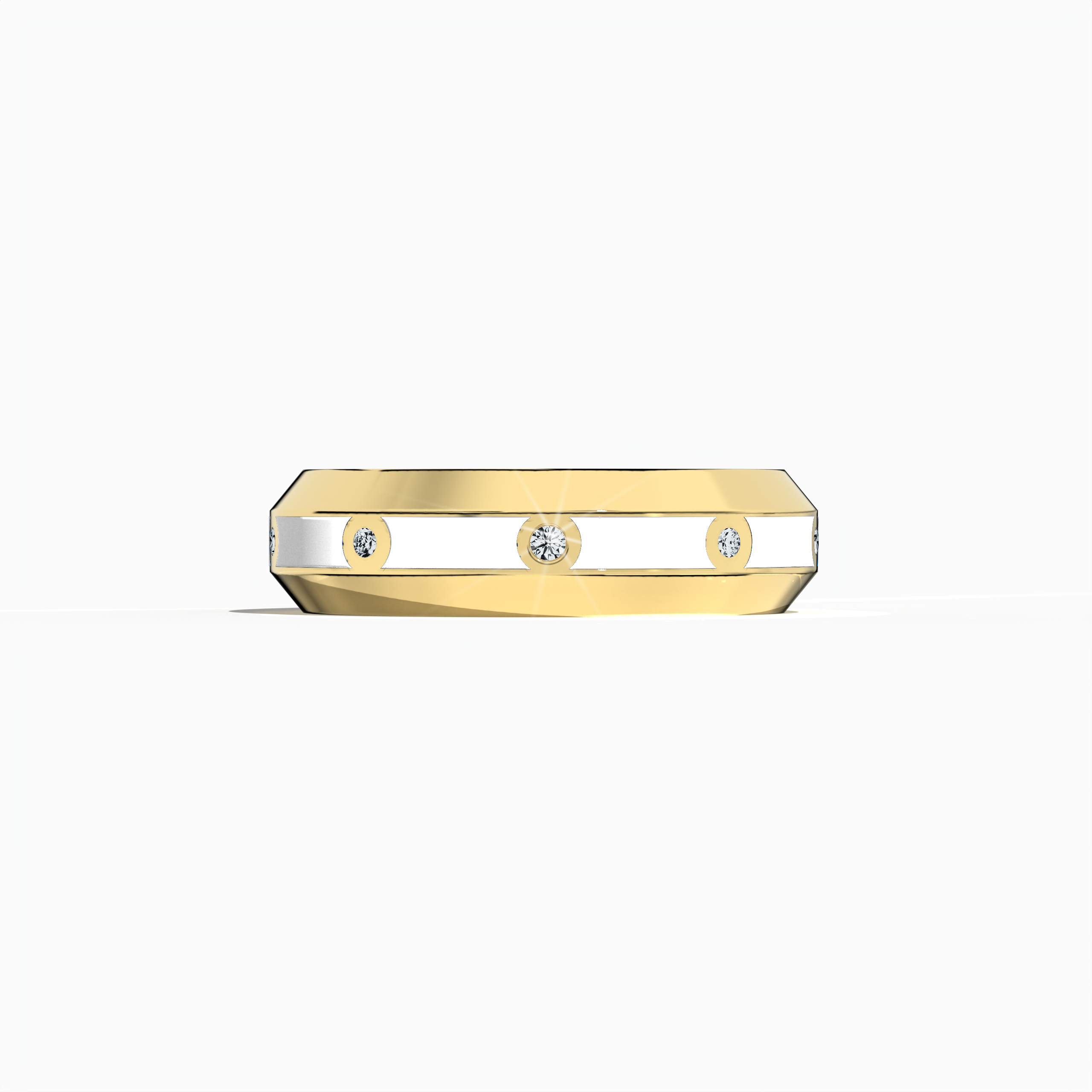 This nine diamond center step enamel ring in yellow gold with crisp white glossy enamel is shown in a sleeping front view, emphasizing its smooth, flat profile and a precisely set 0.30-carat diamond line. The design, known as ‘Golden Classic’ or ‘Sunlit Heritage’ in refined design lexicons, combines warm hues with modern luxury, reflecting impeccable craftsmanship and timeless elegance. Keywords: yellow gold, white enamel, diamond ring, luxury jewelry, modern design, designer, elegant, refined.