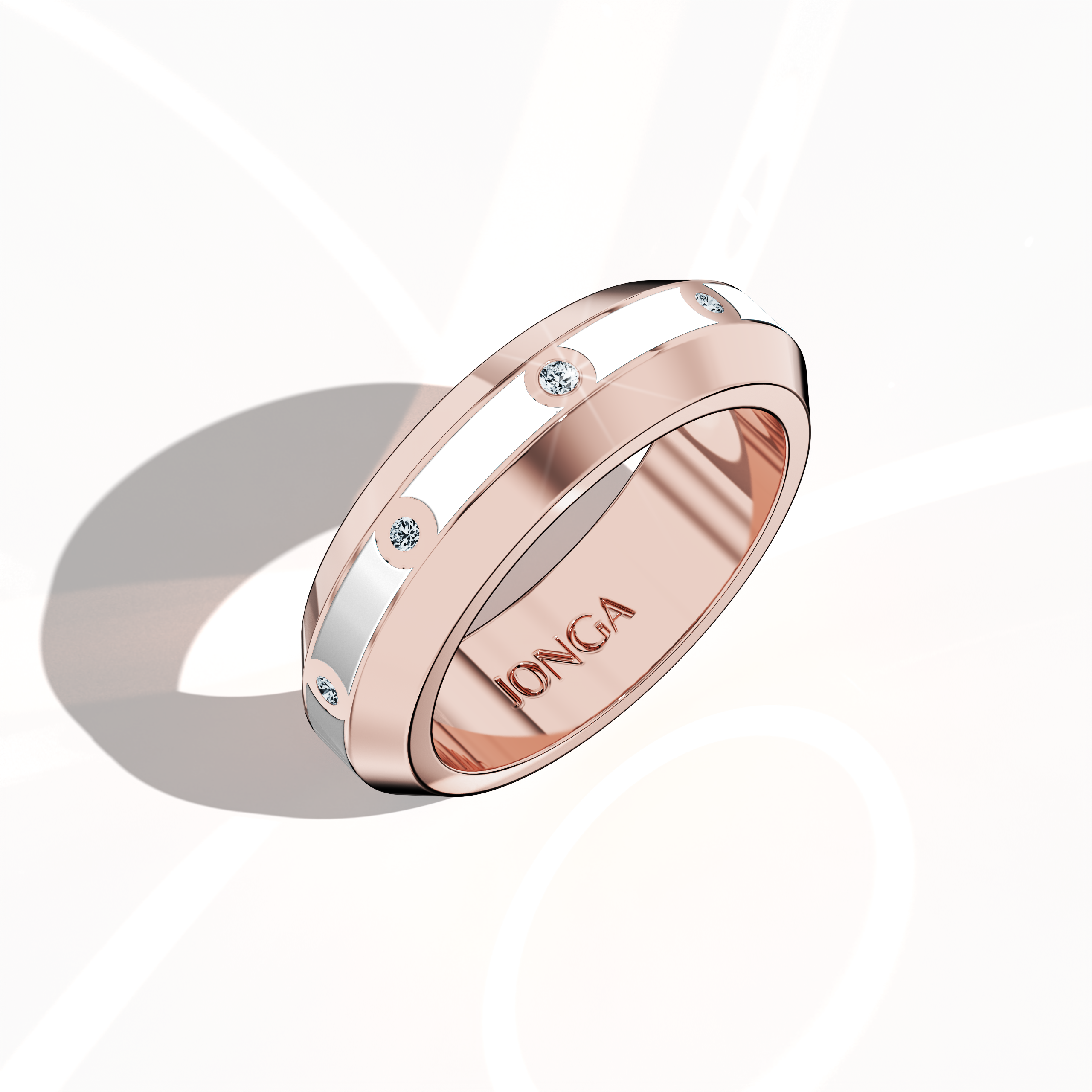 Captured from a standing front top side view, the nine diamond center step enamel ring in rose gold with a sleek white glossy enamel finish reveals its refined silhouette and expertly set 0.30-carat diamond line. The design, alternatively known as ‘Blush Elegance’ or ‘Rose Ivory Radiance,’ exudes international sophistication and modern luxury, reflecting exceptional craftsmanship. Keywords: rose gold, white enamel, diamond ring, luxury, designer, modern, fine craftsmanship, elegant.