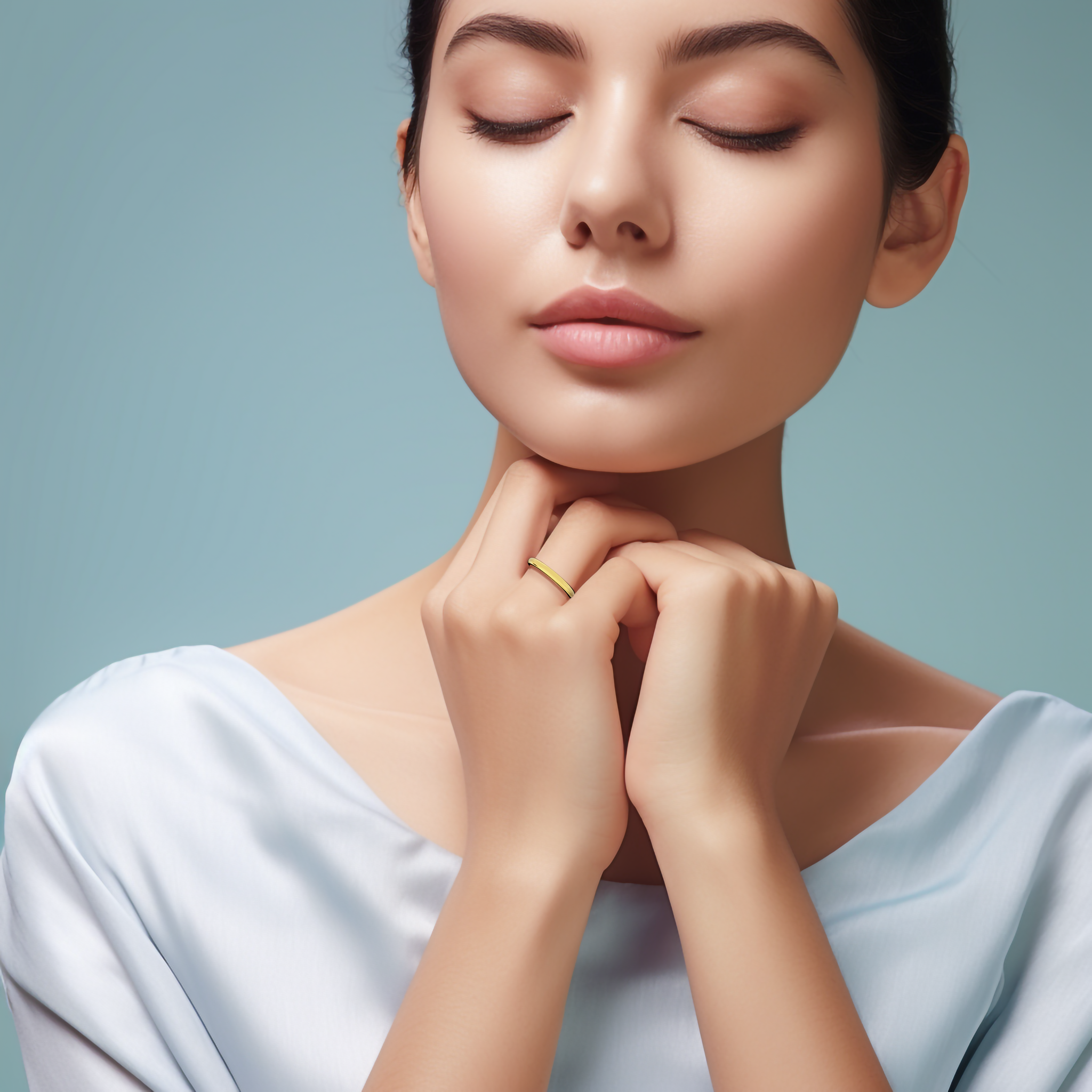 Shown on her finger, this classic wedding band in radiant жёлтое золото, featuring a 2.5 мм width and glossy finish, epitomizes timeless elegance and refined simplicity. Recognized as a traditional, timeless, minimalist, and elegant wedding band, its classic gold or sunlit hue reflects modern sophistication and lasting beauty. Keywords: wedding band, жёлтое золото, glossy finish, classic design, minimalist, elegant ring.
