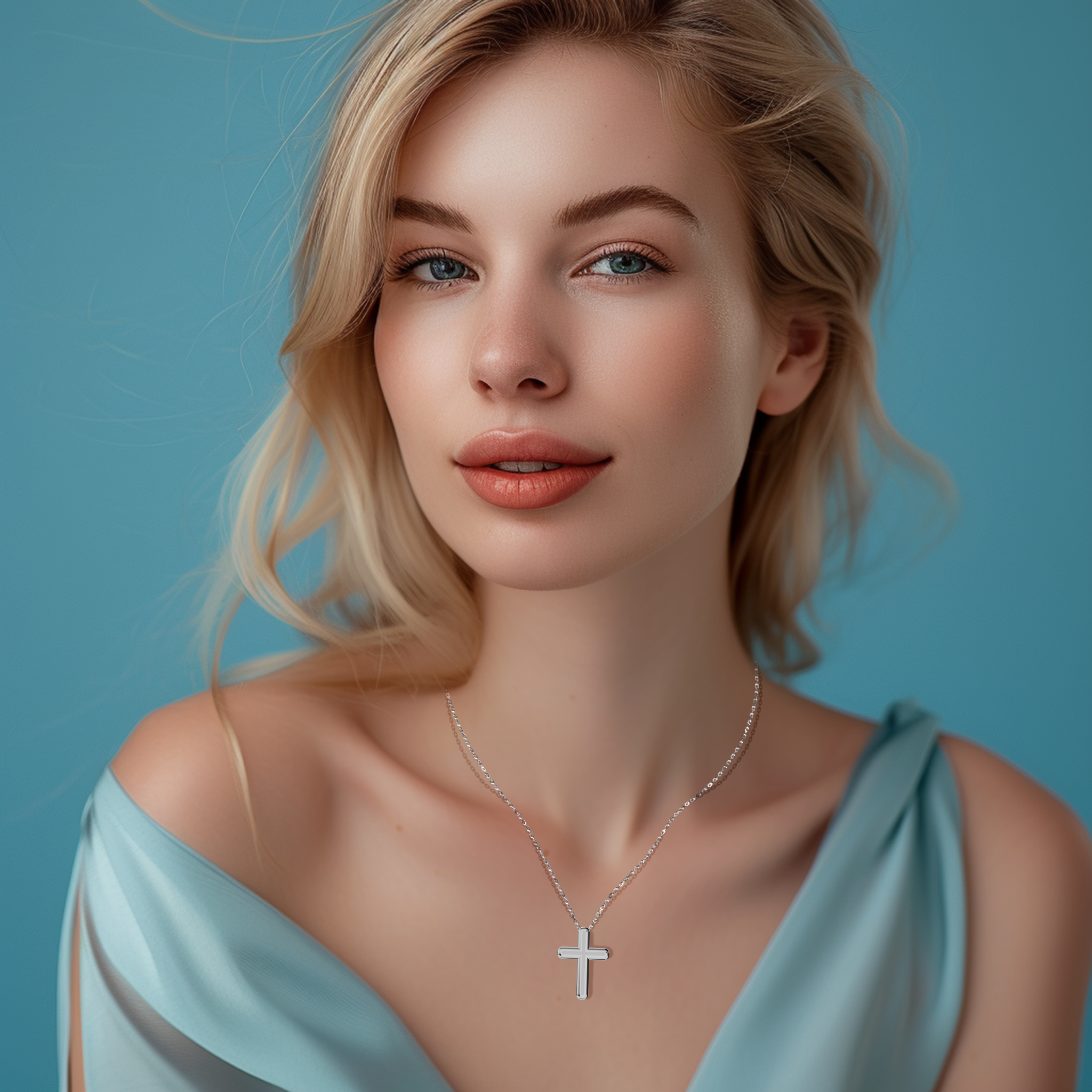 A woman wears a cross pendant in gleaming белое золото, often called pale or silver‑hued gold in different locales. This religious pendant, also referred to as a holy cross or sacred necklace, rests gracefully on her neckline. Its smooth edges and enduring shape offer a balance of faith and style, enhancing both casual and formal outfits with understated sophistication.
Keywords: cross pendant, белое золото, holy cross, stylish Украшения.