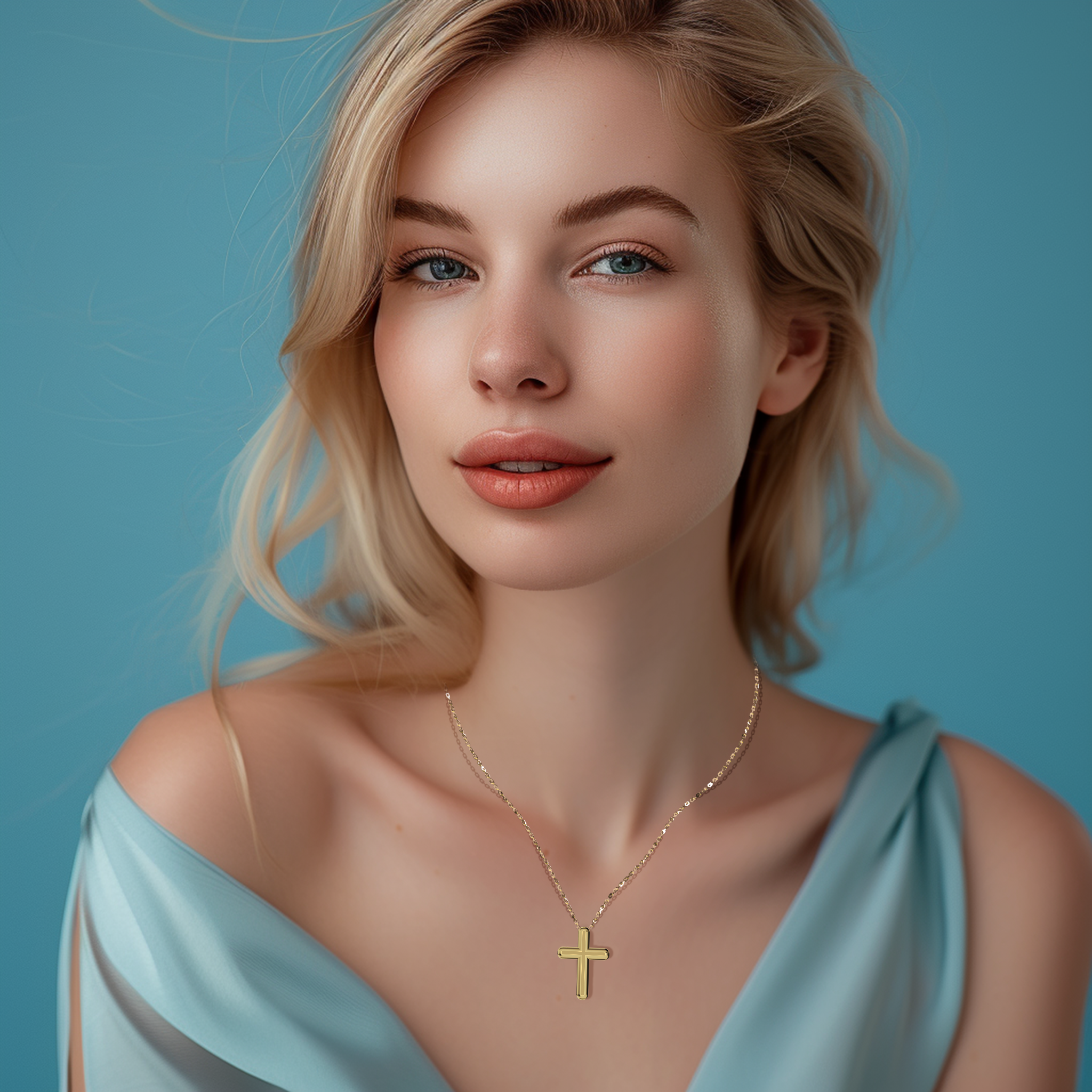 A woman wearing a cross pendant in radiant жёлтое золото, sometimes described as traditional or golden‑hued metal in different locales. This religious pendant, also referred to as a devotion piece or sacred symbol, sits elegantly on her neckline. Its enduring shape and bright glow convey a seamless mix of faith and modern style, fitting a range of personal aesthetics.
Keywords: cross pendant, жёлтое золото, religious pendant, versatile design.