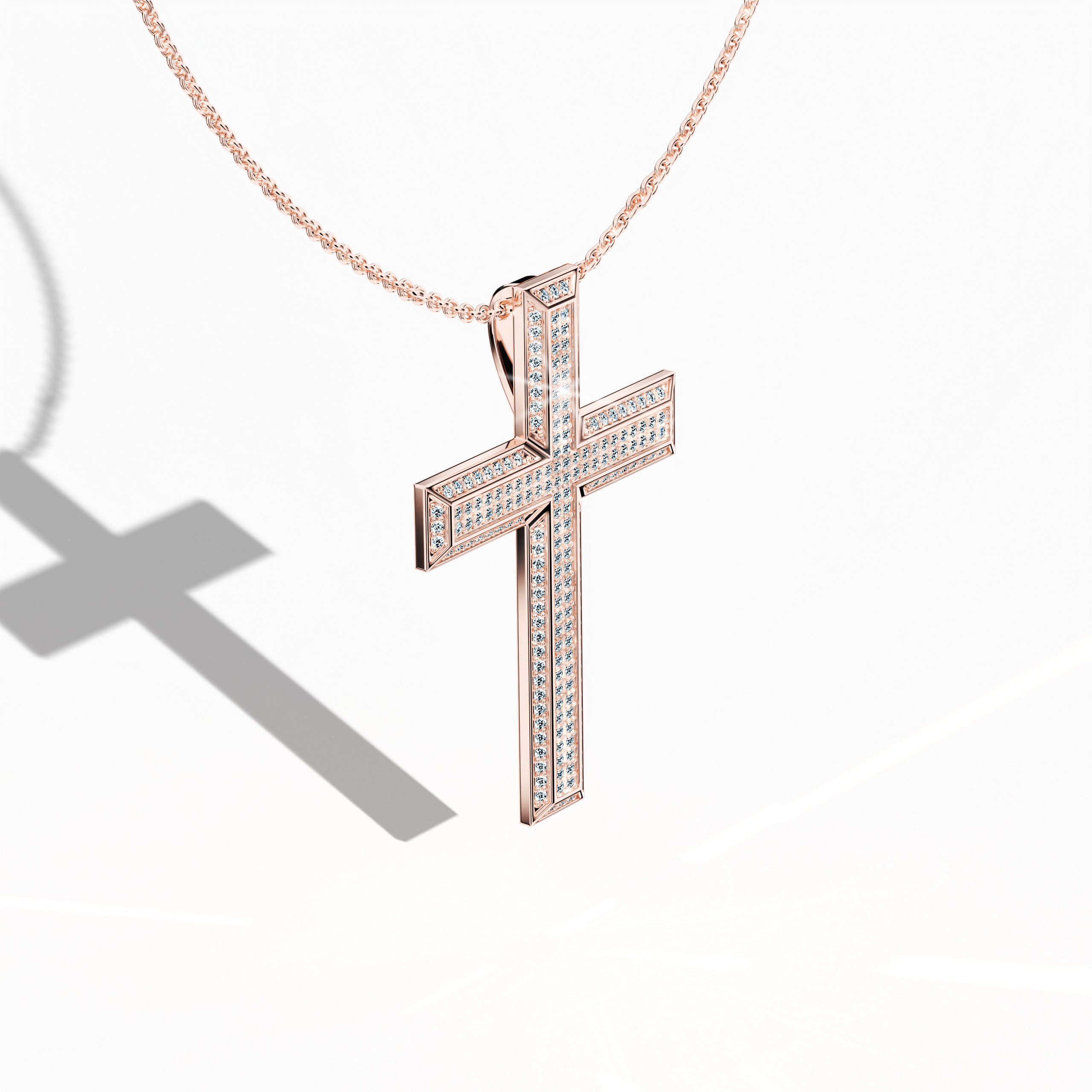 Front top side view of a 3‑step paved cross pendant in radiant розовое золото, sometimes described as pink or blush gold. The stacked cross or tri‑tier silhouette, embellished with 1.20 carat of pavé diamonds, shows subtle depth from this angled perspective. Polished contours evoke a harmonious blend of faith‑inspired artistry and contemporary style. Keywords: 3‑step cross, розовое золото, tri‑tier design, 1.20 carat diamonds.
