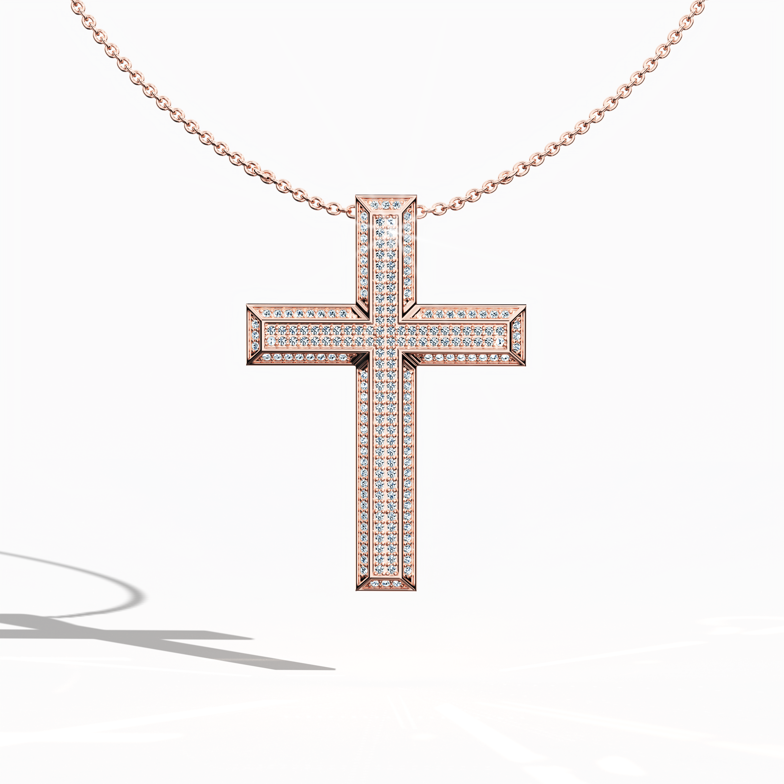Front view of a 3‑step paved cross pendant in warm розовое золото, often called pink or blush gold in different regions. This multi‑step or tri‑tier design, also known as a stacked cross, holds 1.20 carat of pavé diamonds along each segment. Its polished surfaces reflect a gentle rosy glow, uniting spiritual heritage with modern sophistication. Keywords: 3‑step cross, розовое золото, paved design, 1.20 carat diamonds.