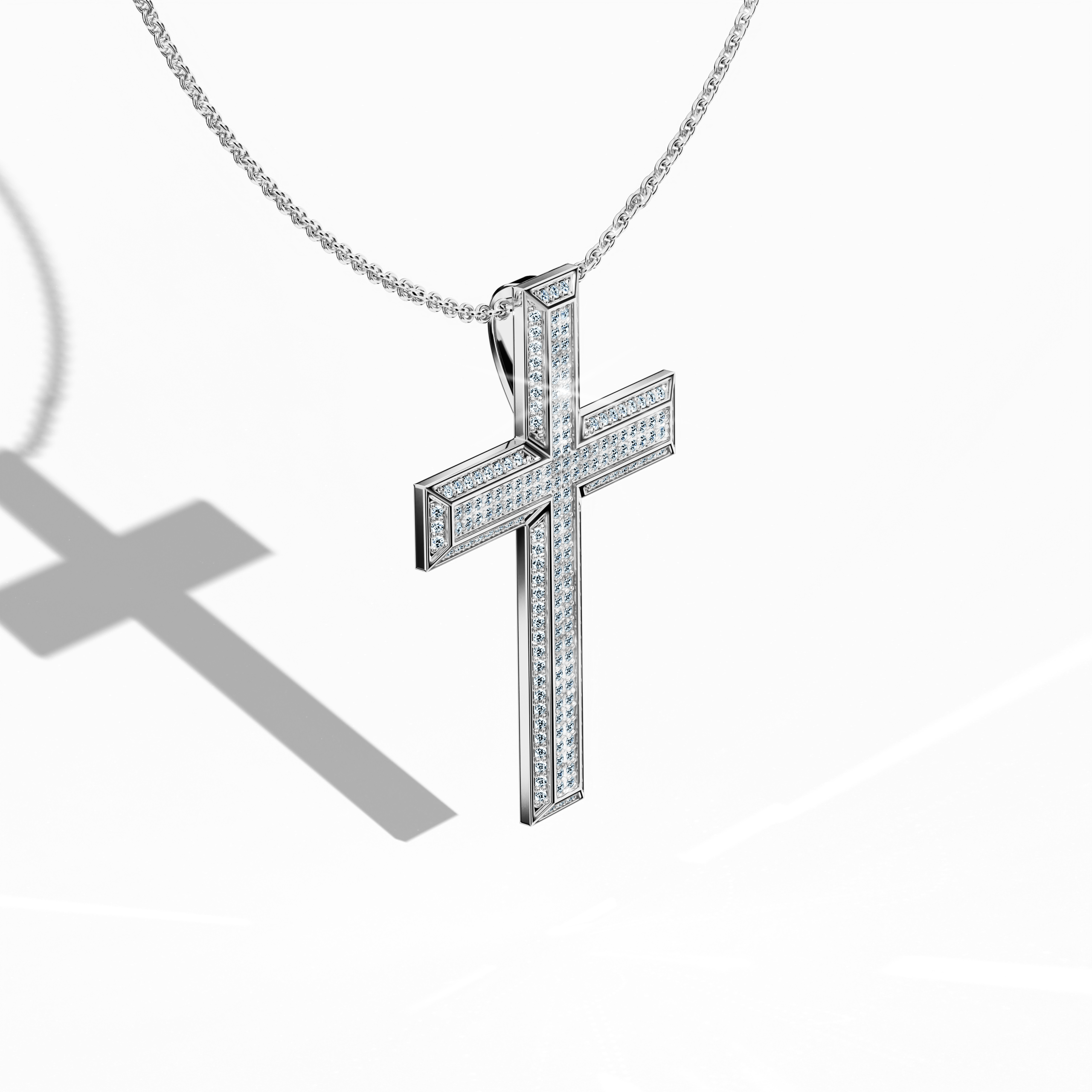 Front top side view of a 3‑step paved cross pendant in radiant белое золото, occasionally described as pale or silver‑toned metal. From this angled perspective, the tri‑tier or stacked cross reveals 1.20 carat of pavé diamonds sparkling along each layer. Its polished surfaces showcase a modern blend of faith and fashion, reflecting precision and grace. Keywords: 3‑step cross, белое золото, tri‑tier design, 1.20 carat diamonds.