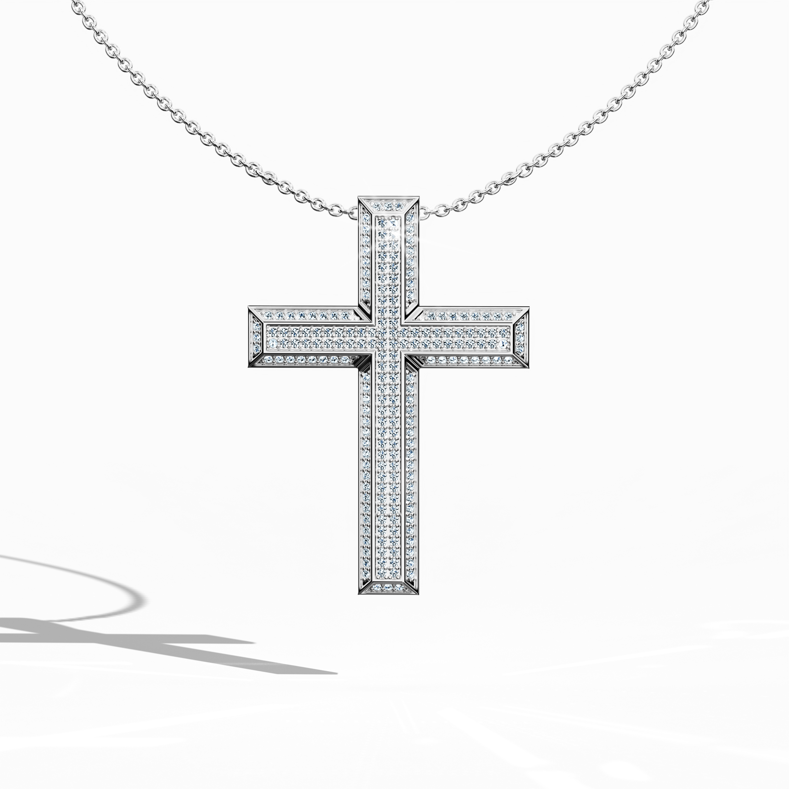 Front view of a 3‑step paved cross pendant in luminous белое золото, sometimes called pale or silver‑hued gold in various regions. This tri‑tier or multi‑step silhouette, also referred to as a stacked cross, features 1.20 carat of pavé diamonds along each layer. Polished edges and meticulous craftsmanship unite spiritual symbolism with refined elegance. Keywords: 3‑step cross, белое золото, 1.20 carat diamond, paved design.