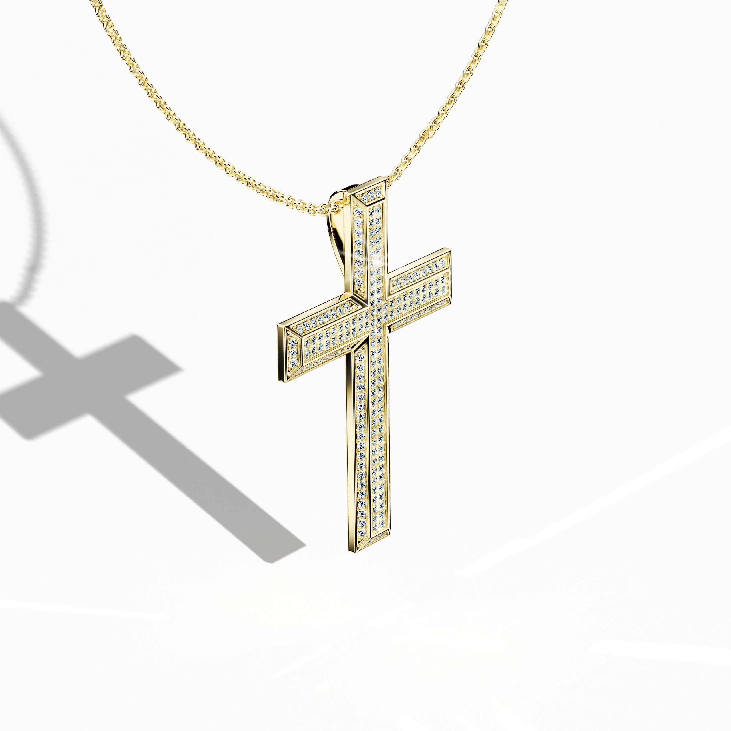 Front top side view of a 3‑step paved cross pendant in radiant жёлтое золото, often described as traditional or golden‑toned metal. From this angled vantage, the stacked cross or multi‑step silhouette reveals 1.20 carat of pavé diamonds outlining each tier. Meticulous detailing and polished edges embody both faith and refined craftsmanship. Keywords: 3‑step cross, жёлтое золото, tri‑tier design, 1.20 carat diamonds.